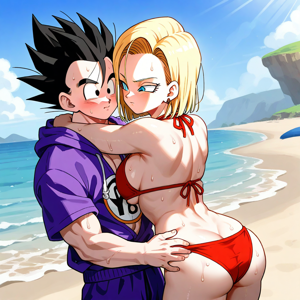 ai_generated android_18 beach bikini black_hair blonde_hair blue_eyes couple dragon_ball dragon_ball_super dragon_ball_z ntr son_gohan toned_female