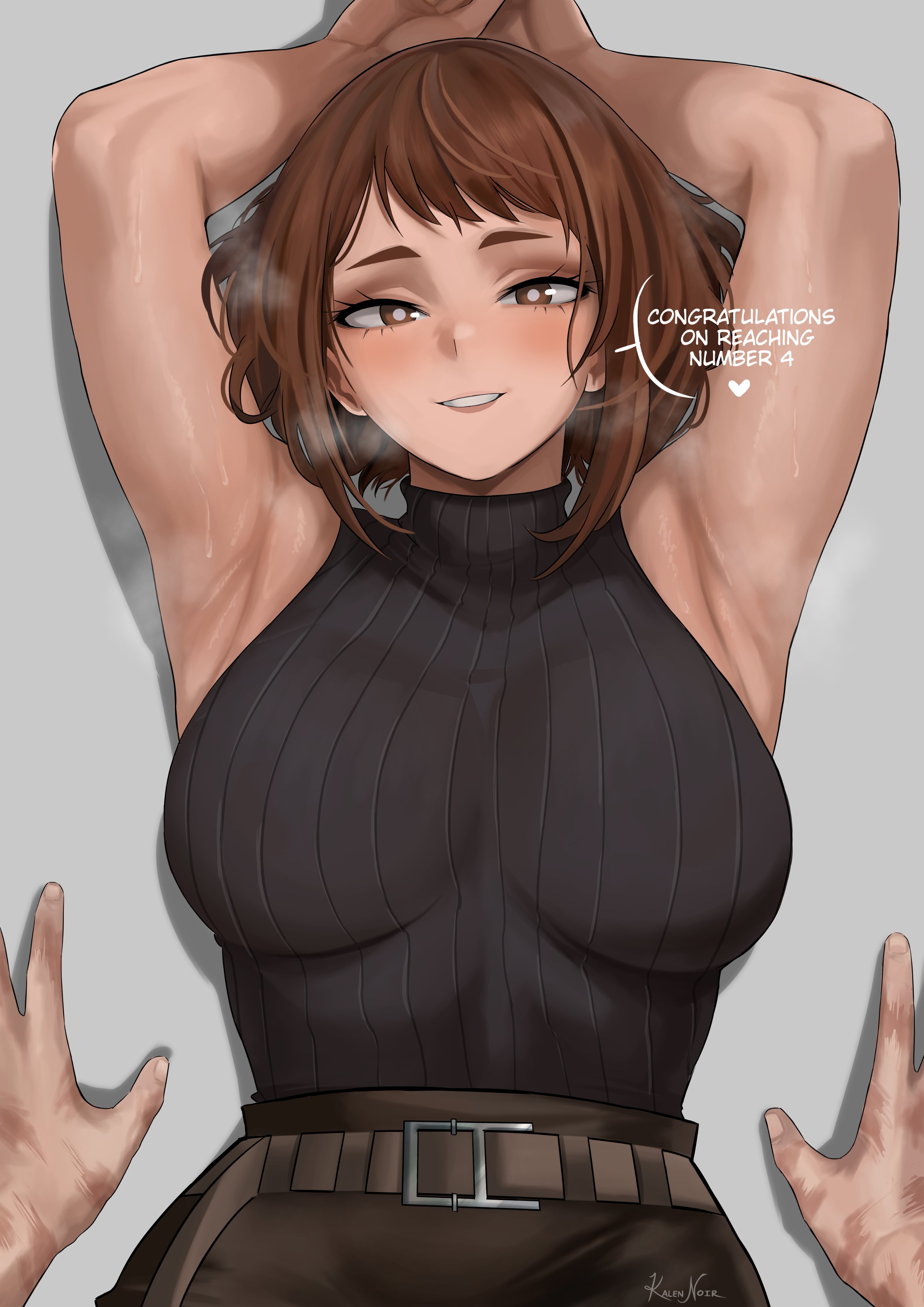 1boy, 1girls, armpit fetish, armpits, arms up, artist name, artist signature, belt, big breasts, blushing female, breasts, brown eyes, brown hair, brown-haired female, canon couple, clothing, dark clothing, dialogue, female, heart, izuku midoriya, kalennoir, male, male pov, my hero academia, my hero academia (finale), ochako uraraka, pinned, pinned down, post-timeskip, scars, short hair, sleeveless, smiling, smiling at viewer, steam, sweating, sweaty, turtleneck, turtleneck sweater