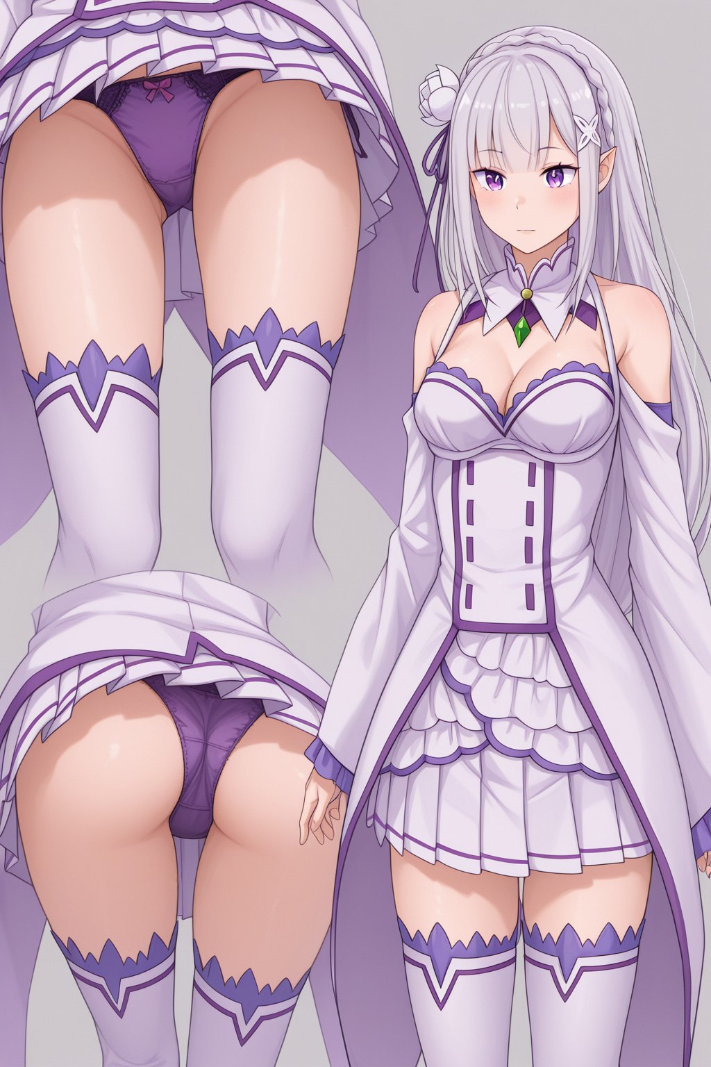 1girl ai_generated ass ass_focus elf elf_ears elf_female emilia_(re:zero) female female_focus female_only mtu_virus multiple_views panties pantyshot purple_eyes purple_panties re:zero_kara_hajimeru_isekai_seikatsu silver_hair stockings white_dress zelanell