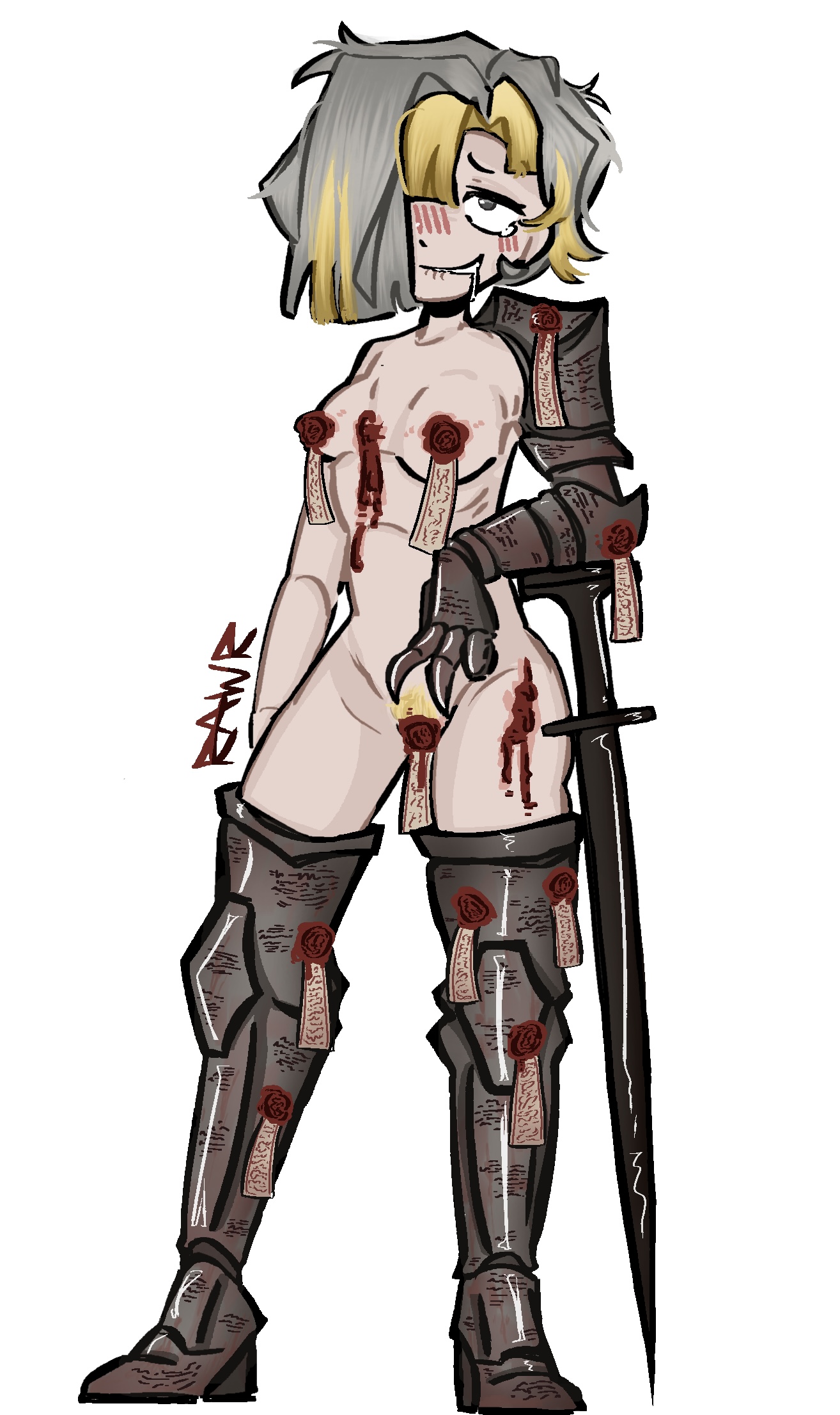 armor, armored female, biting lip, blonde hair, blonde pubic hair, drooling, eyes rolling back, female, flat chest, kromer (limbus company), limbus company, naked, naked female, nipple piercing, nipples, nude, nude female, project moon, pubic hair, pussy, rawriscruel, silver eyes, silver hair, talisman, wax, wax on body, wax play, weapon