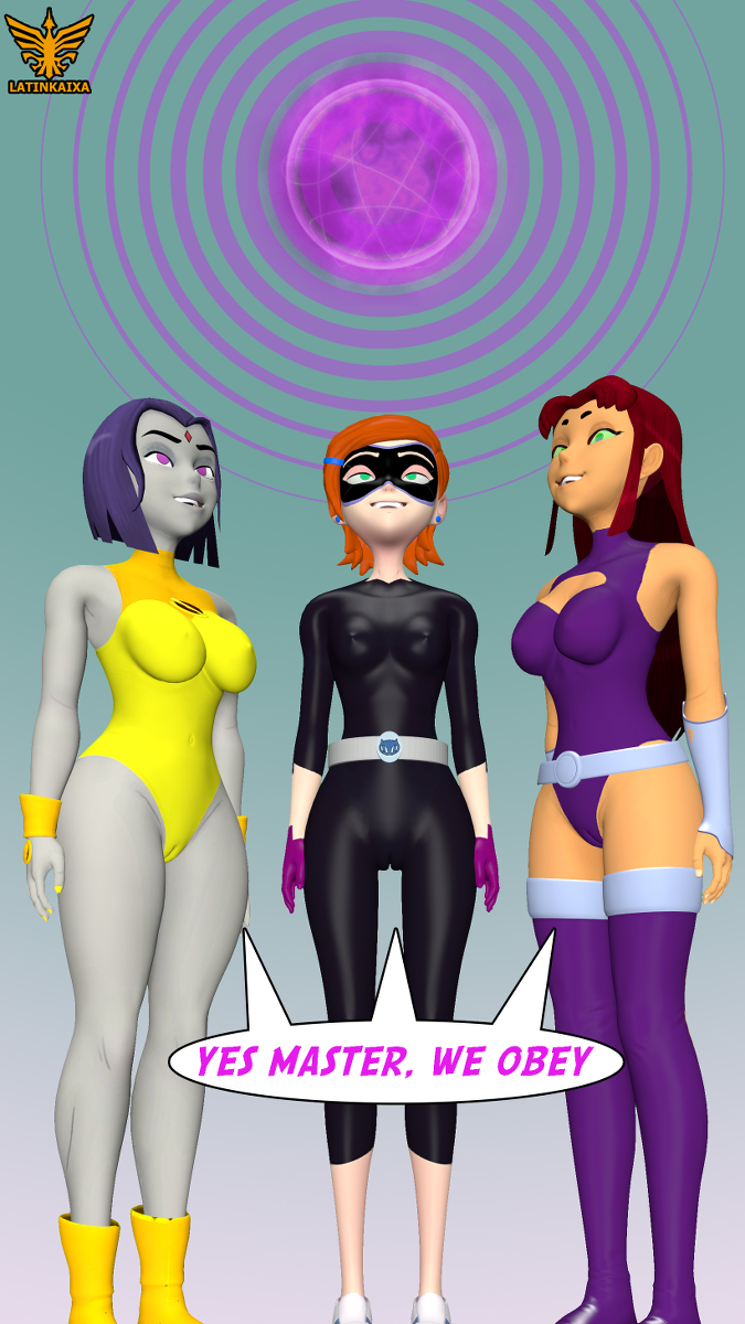 3d 3girls artist_logo artist_name ben_10 black_bodysuit bodysuit crossover english_text gwen_tennyson hypnosis latinkaixa leotard mind_control multiple_girls orange_hair purple_hair purple_leotard raven_(dc) red_hair speech_bubble starfire teen_titans yellow_leotard