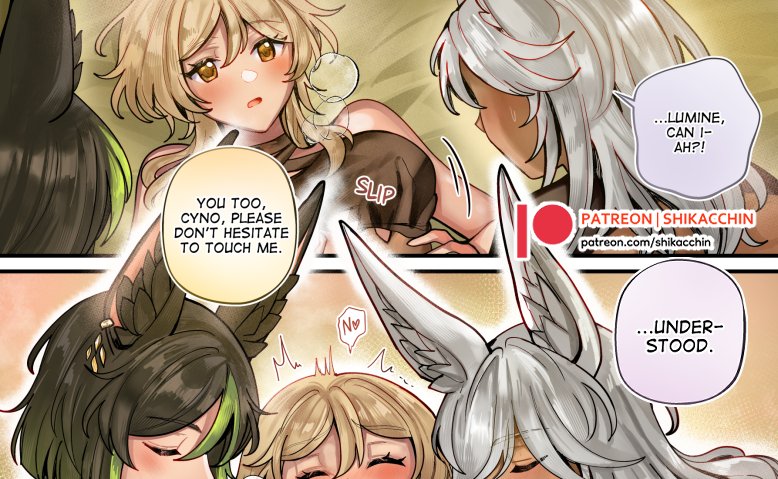 1girls 2boys asking_for_consent blonde_female blonde_hair blush comic cyno_(genshin_impact) english_text female fox_boy fox_ears genshin_impact grope groping groping_breasts hand_on_breast hand_under_clothes inviting lumine_(genshin_impact) male male/female shikacchin threesome tighnari_(genshin_impact)