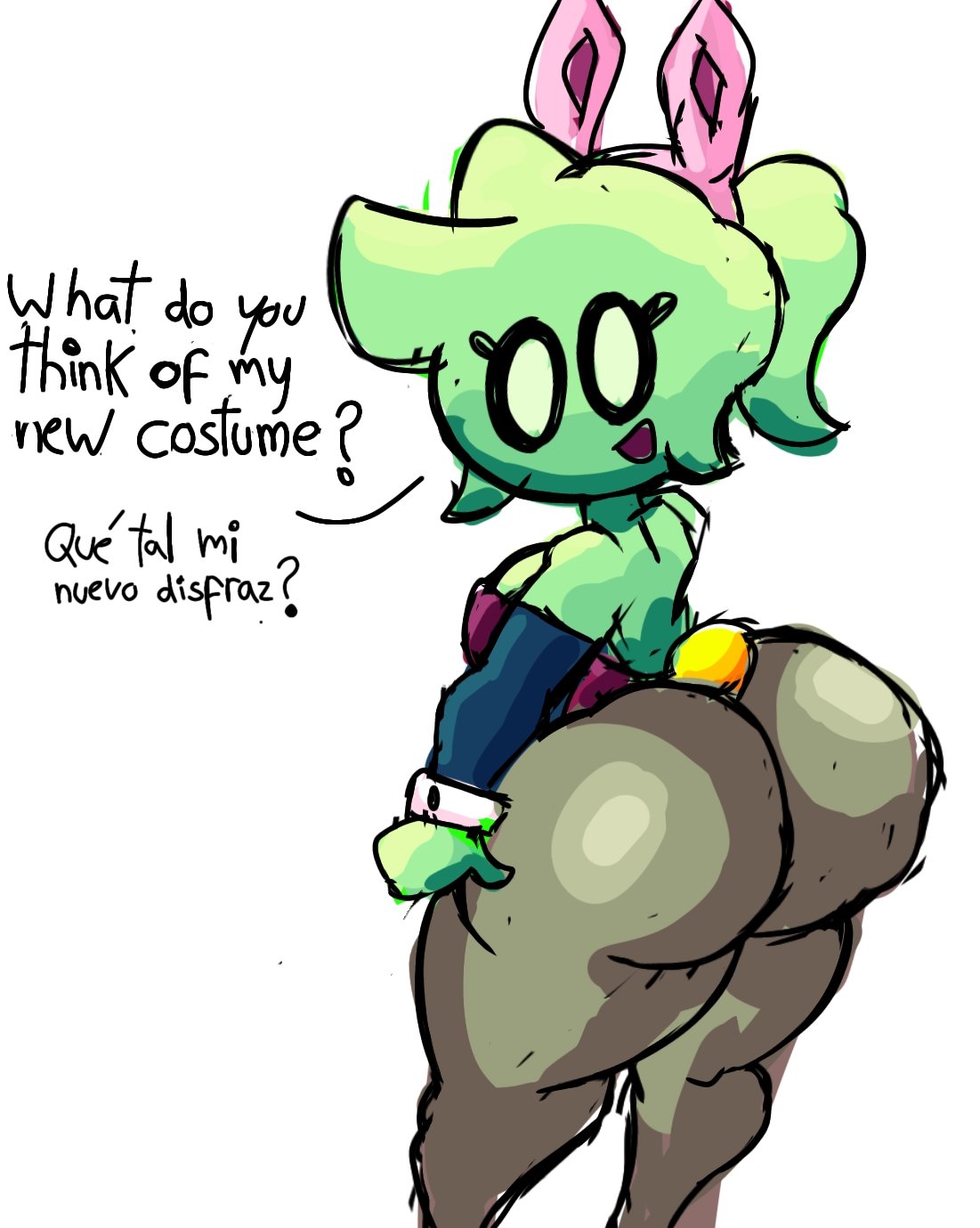1girls 2d 2d_(artwork) 2d_artwork ass ass_bigger_than_head ass_focus big_ass bottom_heavy bottom_heavy_female bunny_ears bunny_girl bunny_tail bunnysuit curvaceous curvy curvy_body curvy_female curvy_figure english english_text female green_hair green_skin grey_body hi_res highres huge_ass looking_at_viewer looking_back playboy_bunny simple_background simple_eyes spanish spanish_dialogue spanish_text talking talking_to_viewer text vhrox2 vhroxy_(character)