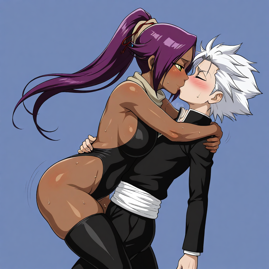 1boy 1girls ai_generated bleach couple older_female petite_male shihouin_yoruichi tan_skin toshiro_hitsugaya white_hair