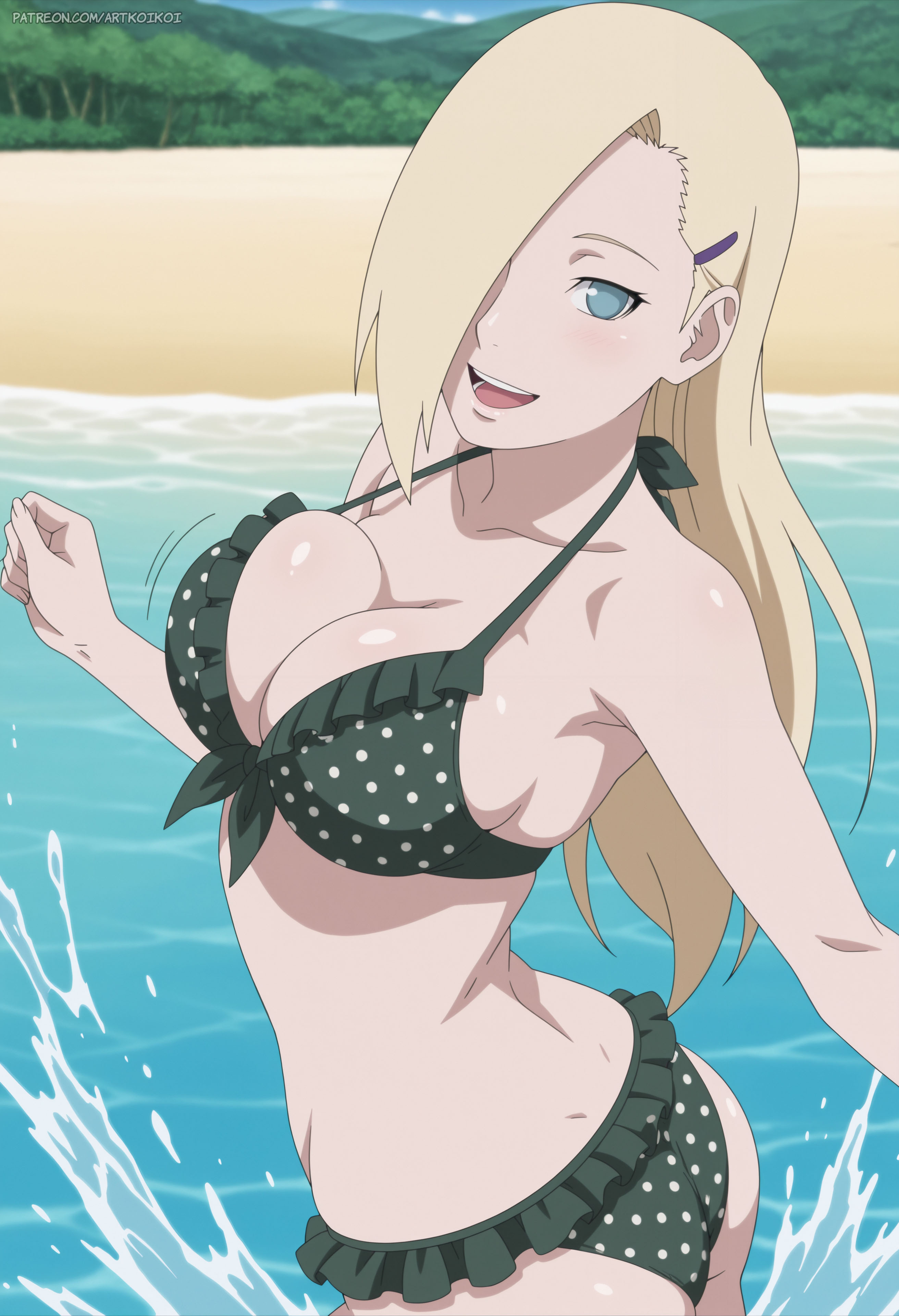 1girls, ai generated, alternate hairstyle, artkoikoi, beach, beach background, bikini, blonde hair, boruto: naruto next generations, female, female only, green eyes, hair down, ino yamanaka, naruto, naruto (series), naruto: the last