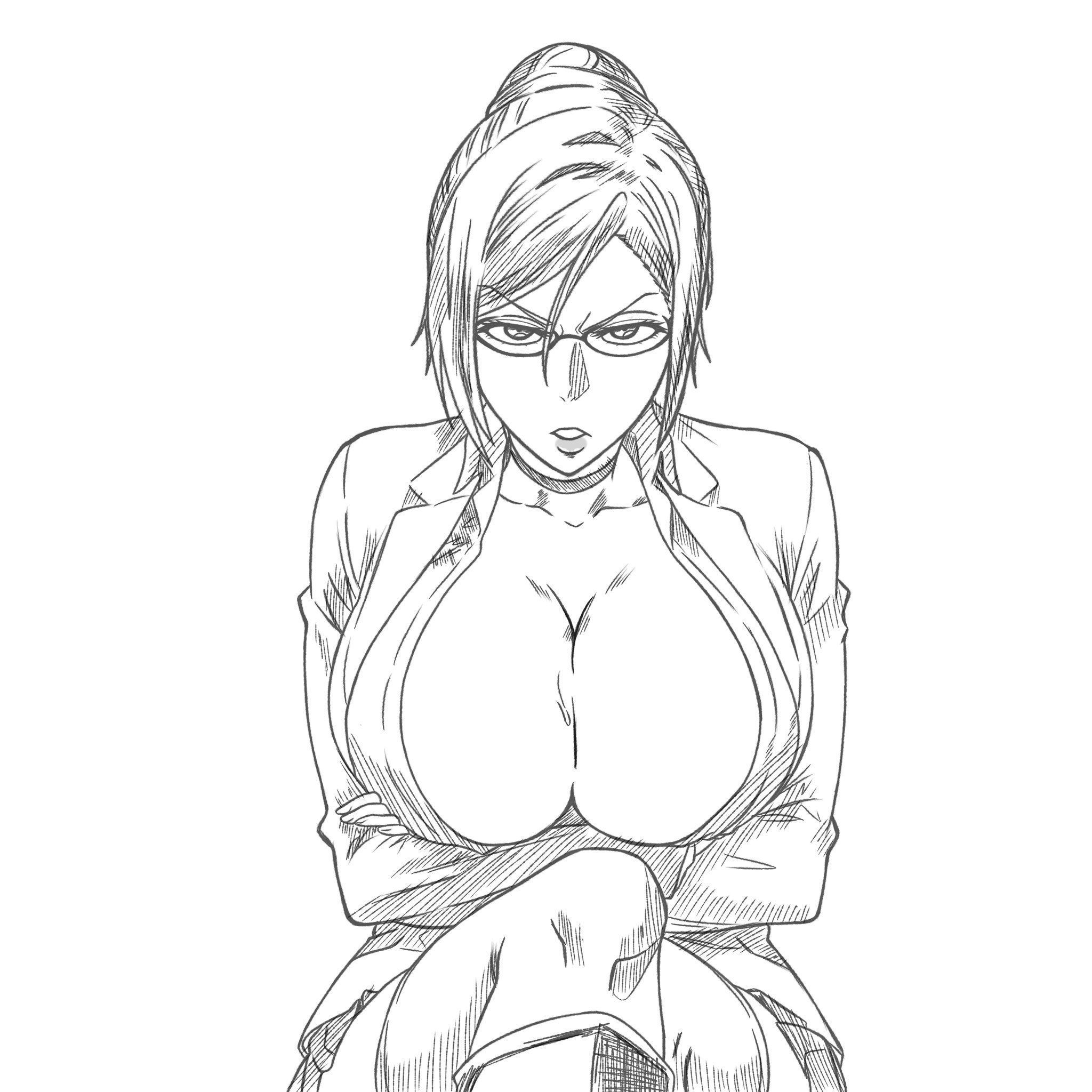 angry expression, angry face, breasts, cleavage, cleavage cutout, crossed arms, crossed legs, greyscale, huge breasts, parted lips, prison school, ryveilee, shiraki meiko, sketch, skirt, sweatdrop