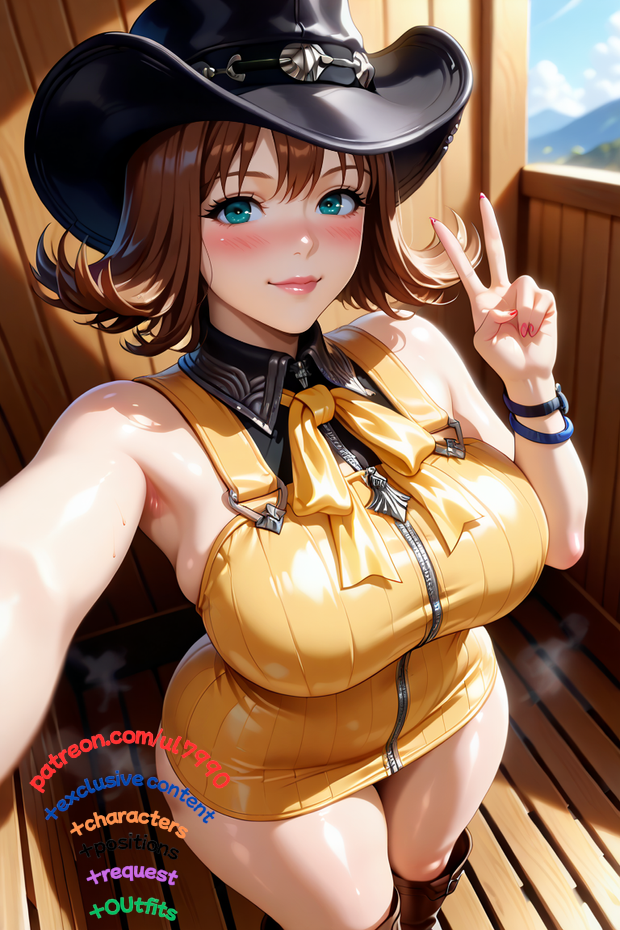 ai_generated big_ass big_breasts big_butt big_penis cowboy_hat cowgirl final_fantasy_xiii kingdom_hearts patreon peace_sign selfie selphie_tilmitt thick_thighs ul7990 yellow_dress