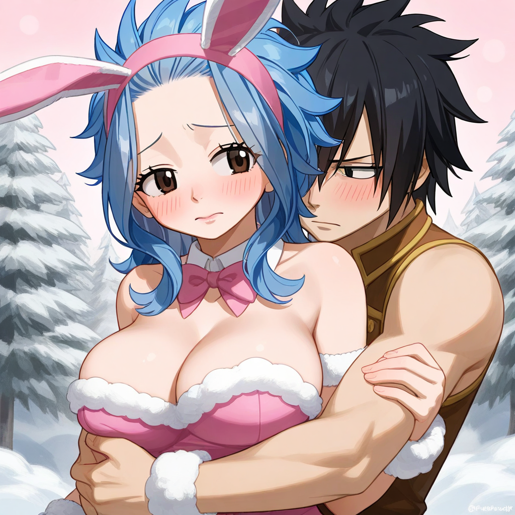 1boy 1girls ai_generated black_hair blue_hair bunnysuit couple fairy_tail gray_fullbuster levy_mcgarden sensual