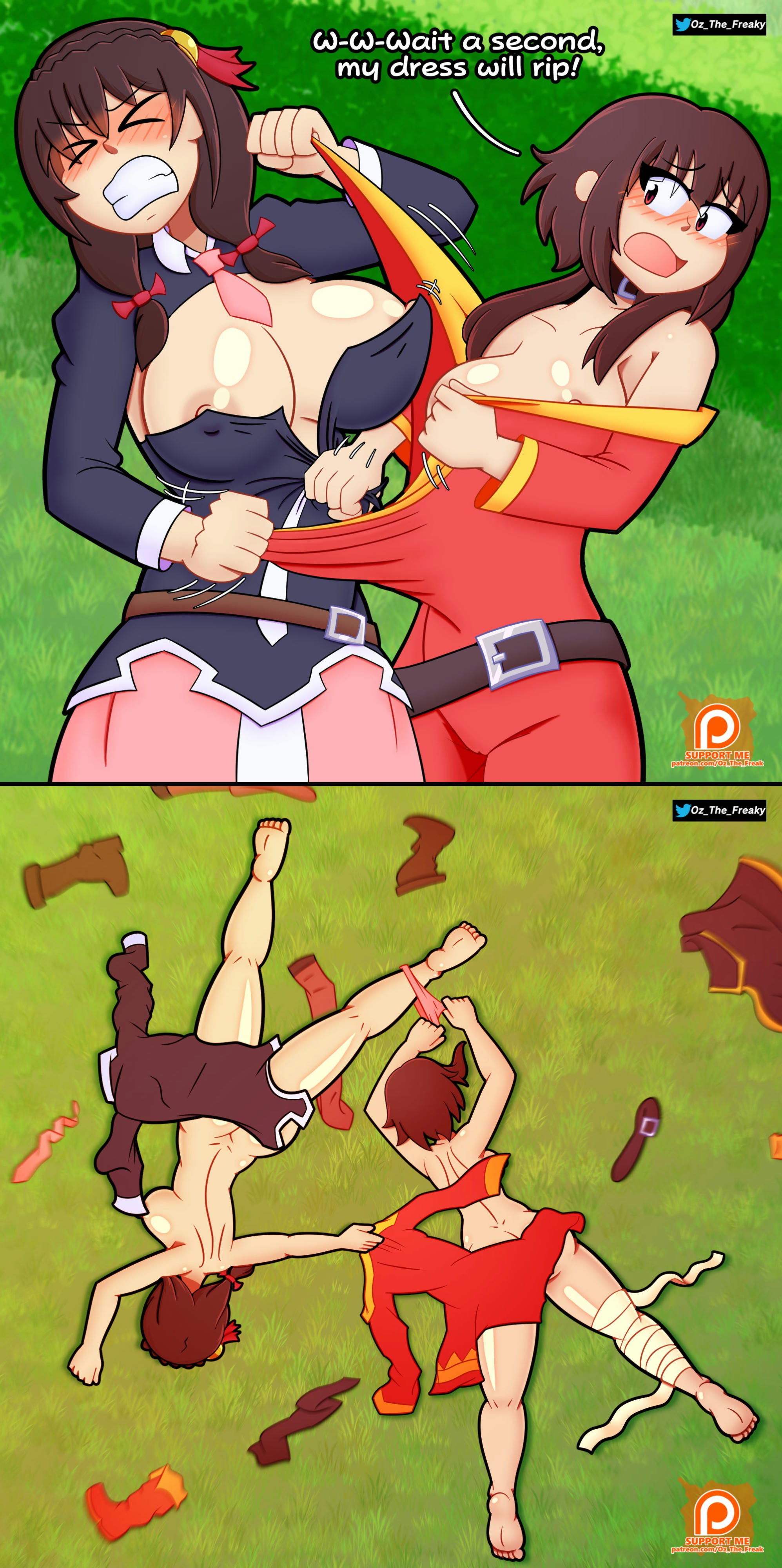2girls, areola slip, assisted exposure, canonical scene, clothes on floor, clothes on ground, clothes pull, clothes removed, embarrassed nude female, enf, female, grass, kono subarashii sekai ni shukufuku wo!, laying on ground, megumin, nipple slip, nipples, outdoor nudity, outdoors, oz the freak, panties, public nudity, pulling clothing, tagme, undressing, undressing another, wardrobe malfunction, yunyun (konosuba)
