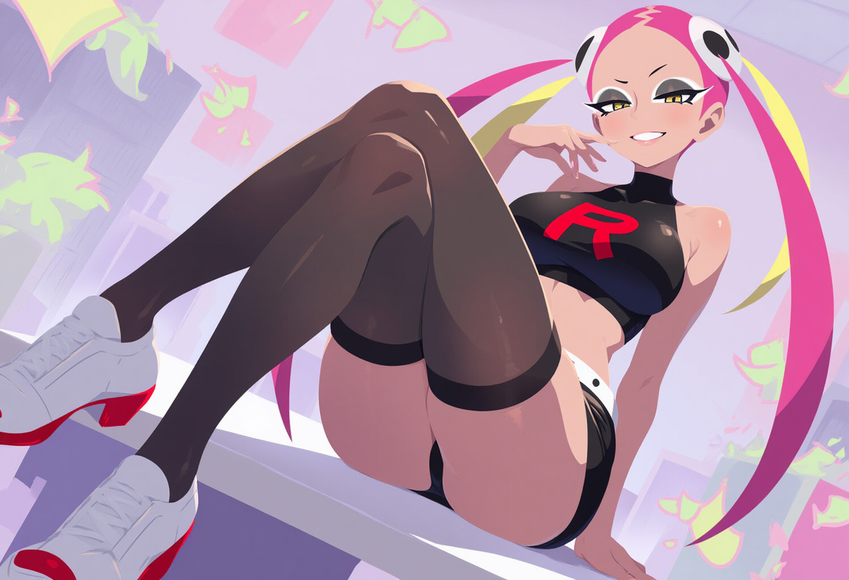 1girls, ai generated, corruption, crop top, crossed legs, eyeshadow, female, grey eyeshadow, looking at viewer, nspdld, pink hair, plumeria (pokemon), pokemon, pokemon sm, shoes, sitting, skirt, smile, solo, stockings, team rocket, team rocket uniform, team skull, team swap, thighhighs, two-tone hair, yellow hair