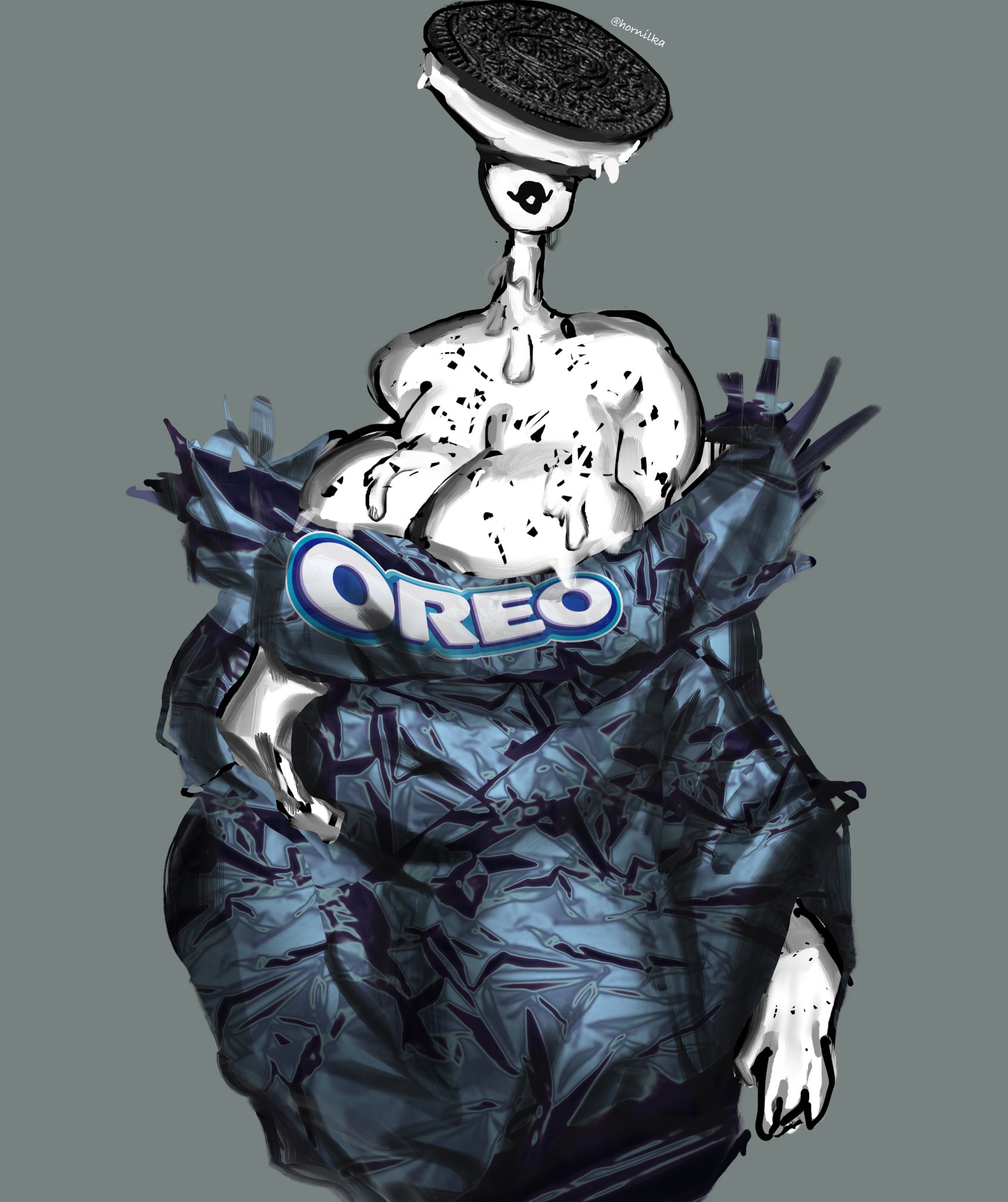 1girls, black lipstick, candy, candy girl, clothed, cookie, creepy, dress, female, female only, hornilka, light skin, light-skinned female, lipstick, oreo, solo, solo female, tagme, wrapper