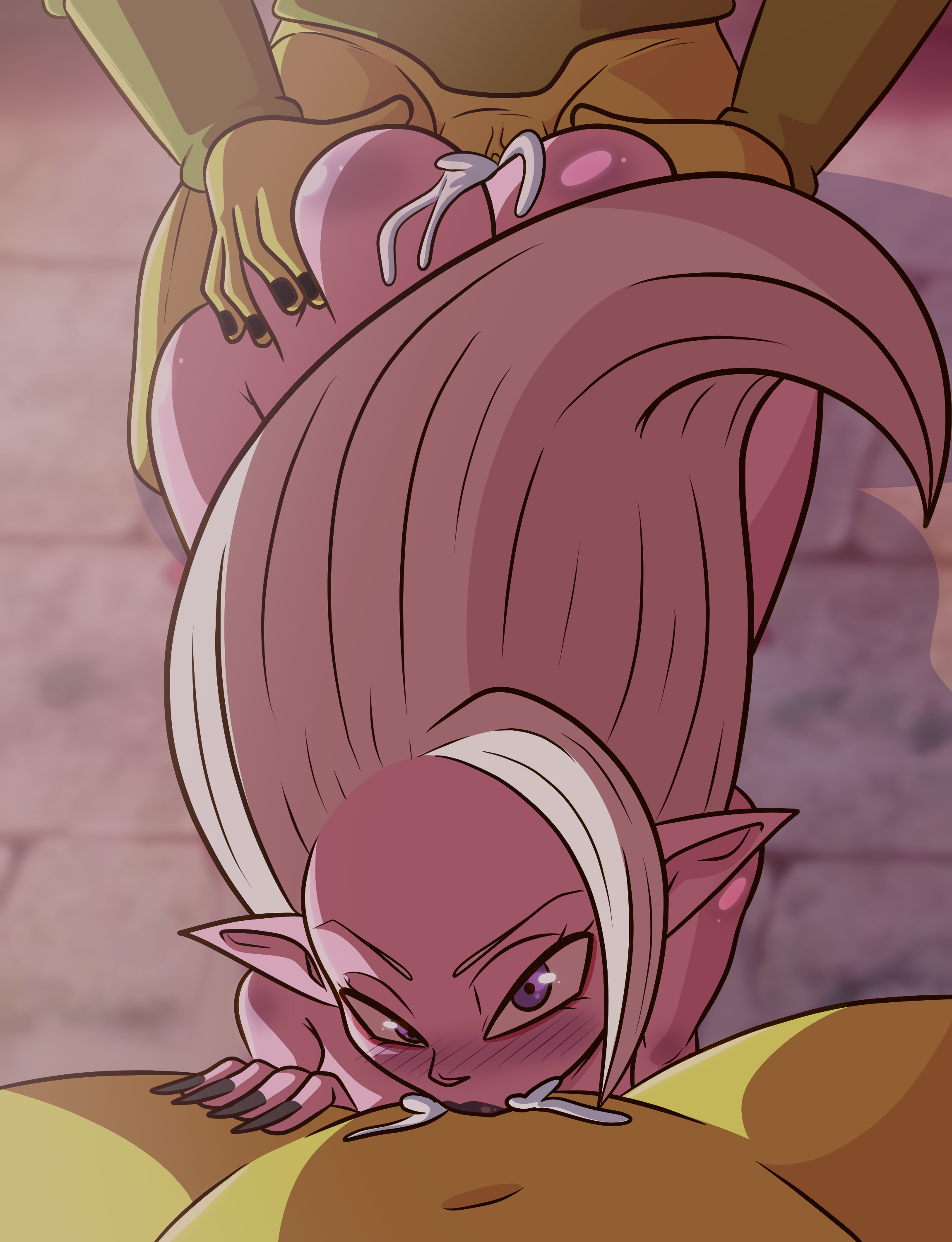 1girls, 2boys, artlaccer (artist), ass, big ass, big butt, blowjob, blush, cum, cum in mouth, cum inside, cute, cute face, cute female, demon, demon girl, dr. arinsu, dragon ball, dragon ball daima, dragon ball super, dragon ball z, female, glind, hand on ass, hand on butt, handjob, lipstick, majin coo, majin doo, majin duu, majin kuu, makeup, male, nail polish, pink body, purple eyes, purple lipstick, sharp ears, white hair