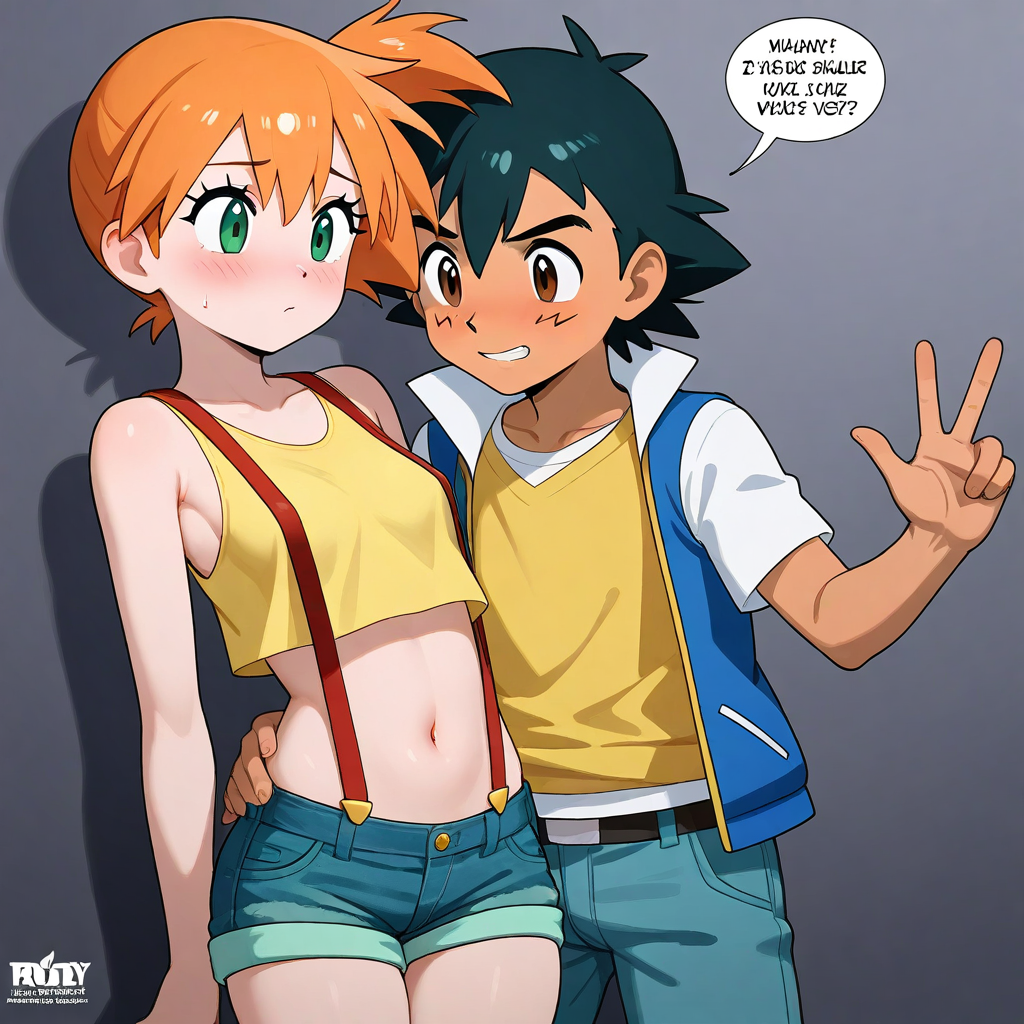 1boy 1girls ai_generated black_hair couple kasumi_(pokemon) kasumi_(pokemon) orange_hair pokemon satoshi_(pokemon)