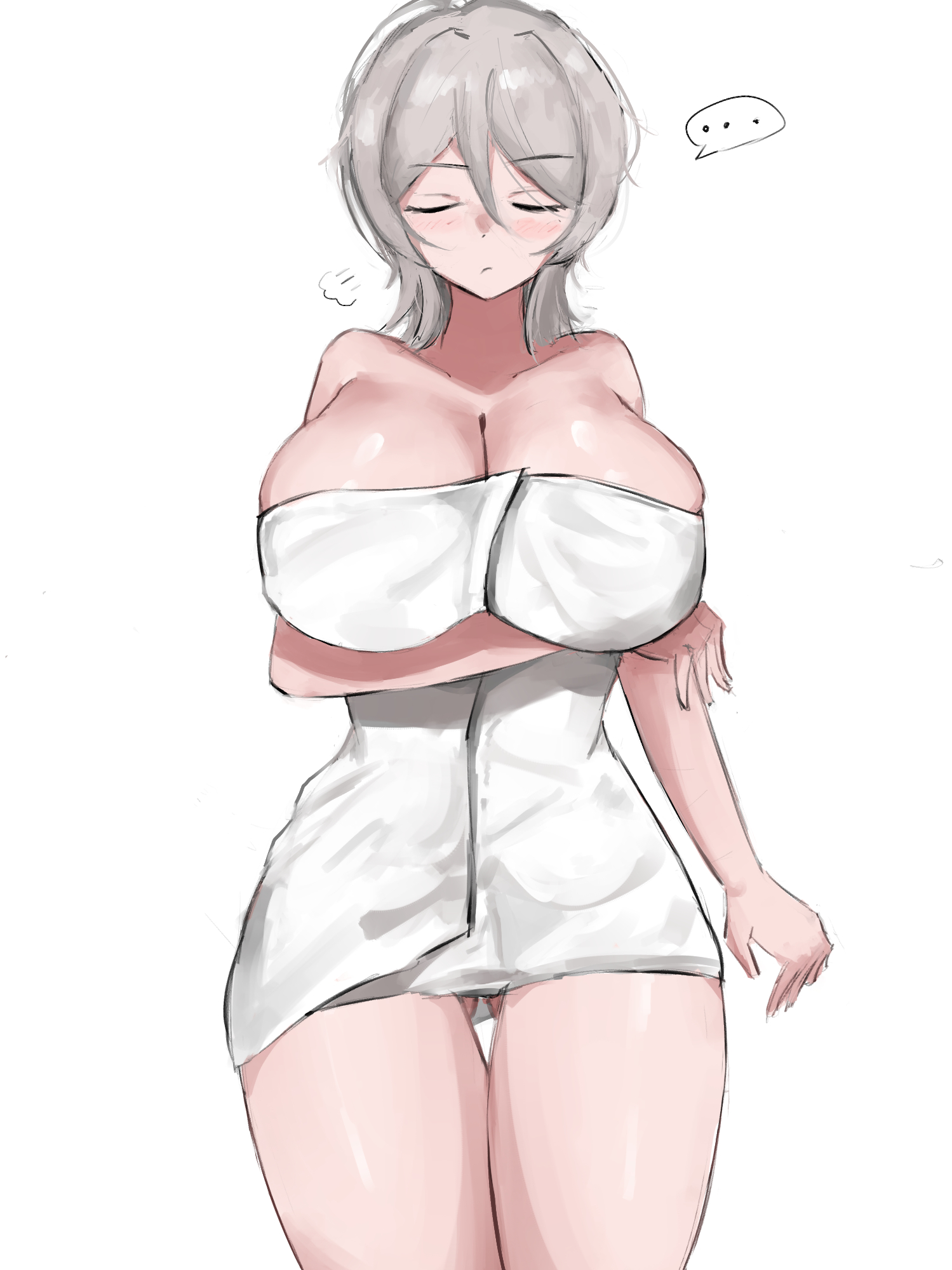 ..., 1girls, 2d, 2d (artwork), 2d artwork, background, blush, breasts, breasts bigger than head, busty, cleavage, closed eyes, eyebrows visible through hair, faust (limbus company), female, female only, huge breasts, light skin, light-skinned female, limbus company, neutral expression, project moon, short hair, solo, spoken ellipsis, towel, towel only, towel over breasts, white background, white hair, www1 (artist)