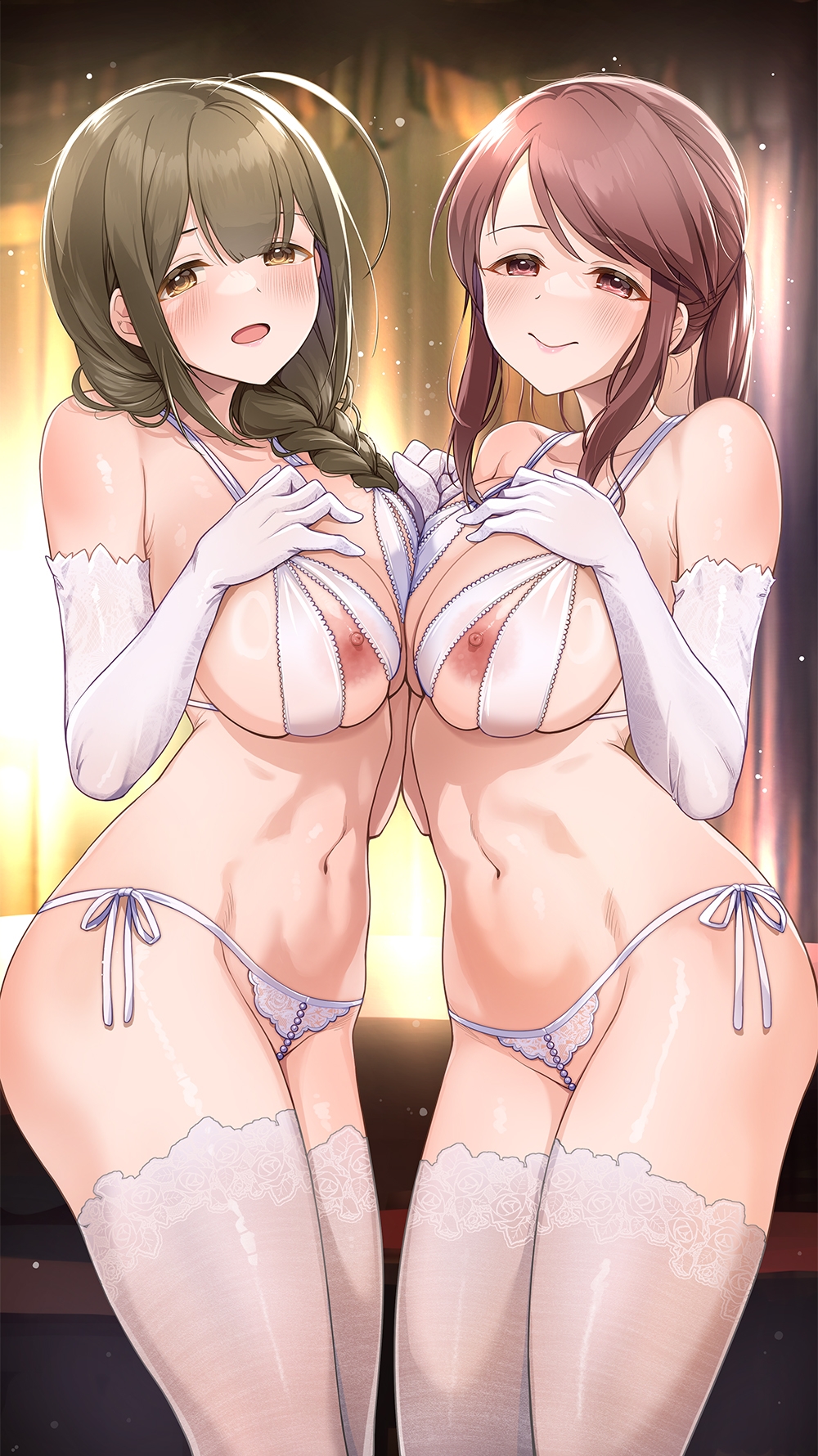 2girls ahoge blurry blurry_background blush bra braid breast_press breasts brown_eyes brown_hair character_request cleavage closed_mouth collarbone elbow_gloves gloves halterneck highres idolmaster idolmaster_shiny_colors kuwayama_chiyuki large_breasts long_hair looking_at_viewer mk_(mod0) multiple_girls navel open_mouth panties ponytail see-through_bra see-through_clothes side-tie_panties sidelocks single_braid thighhighs underwear unzipped variant_set white_bra white_gloves white_panties white_thighhighs