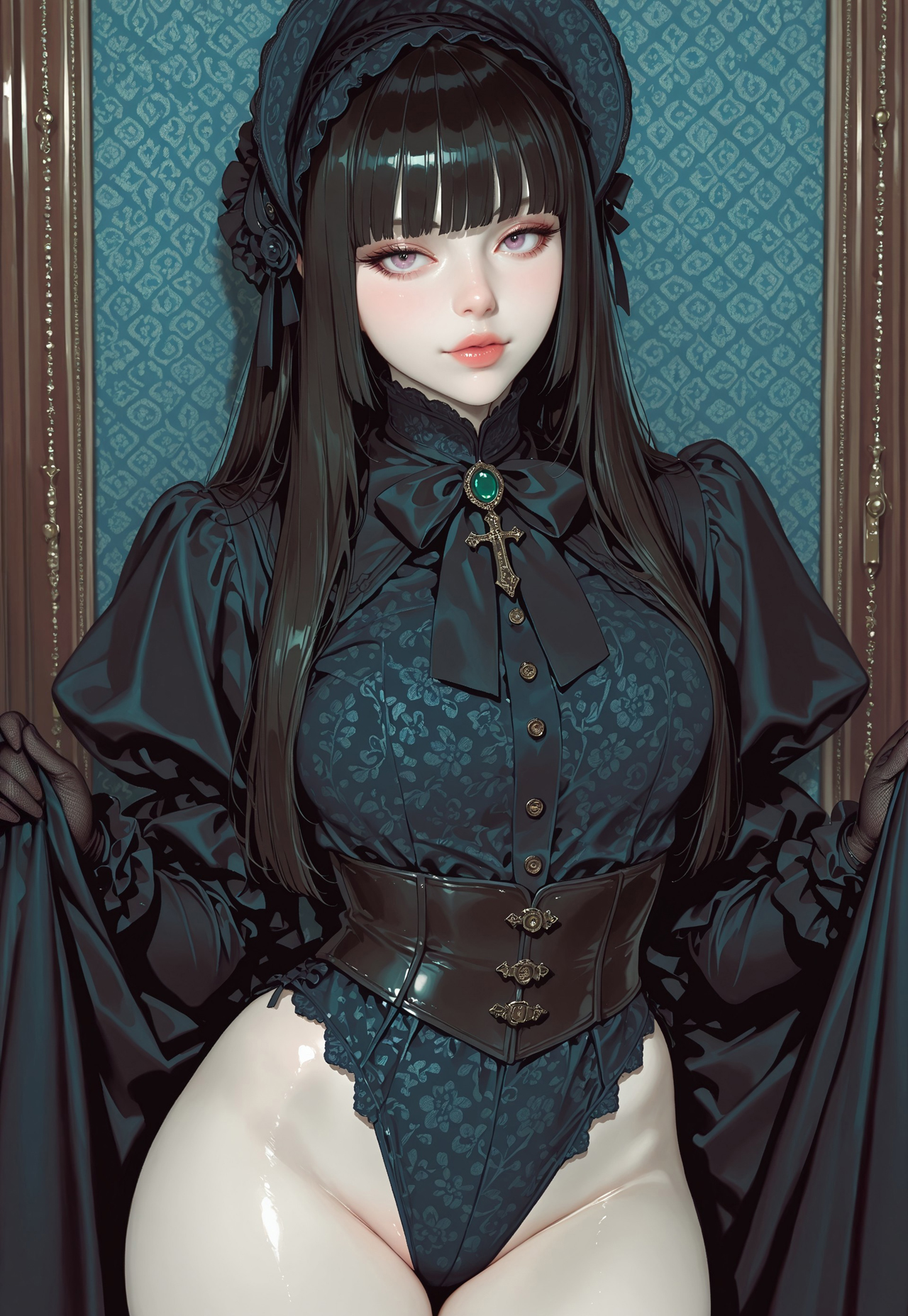 ai generated, amaranthine, civitai, dark hair, dress, female, goth girl, heiress of the hidden halls, hime cut, laced corset, pale skin, victorian dress