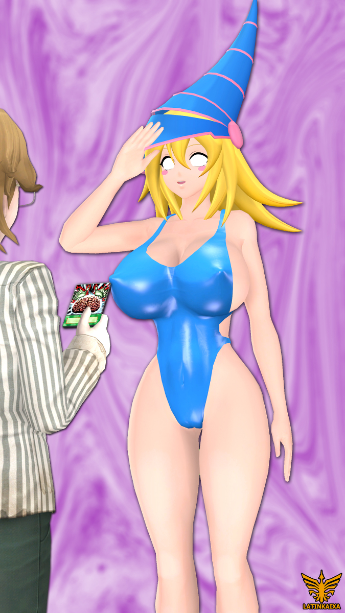 1boy1girl 3d artist_logo artist_name blonde_hair blue_one-piece_swimsuit dark_magician_girl koikatsu_(medium) large_breasts latinkaixa mind_control one-piece_swimsuit swimsuit yu-gi-oh! yu-gi-oh!_duel_monsters