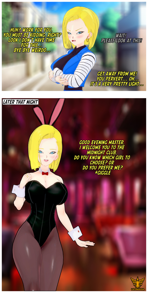 1girls 3d android_18 artist_logo artist_name before_and_after black_leotard blonde_hair bunny_ears bunnysuit dragon_ball dragon_ball_z english_text koikatsu_(medium) latinkaixa leotard playboy_bunny