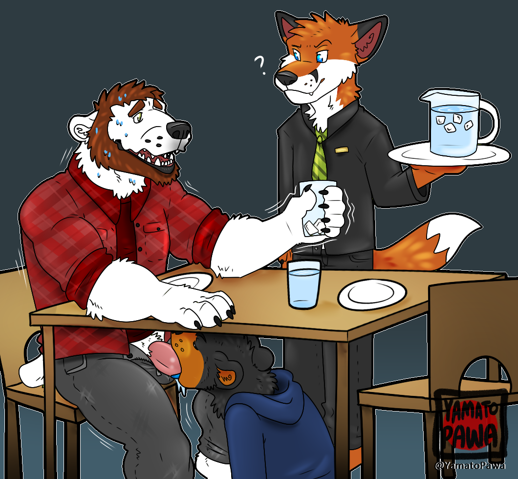 3boys ? anthro bear black_bear canine caught cervine chair clothed clothing crouching cups curious embarrassed fellatio flannel fox furry gay hoodie ice kneeling male mammal necktie nervous open_mouth open_pants oral original_character pants partially_colored penis penis_out plate plates poking_out polar_bear public restaurant shaking shirt side_view simple_background sitting size_difference soft_shading suit sweat table text trembling under_the_table unsure waiter water watermark yamato_burr yamatopawa yaoi