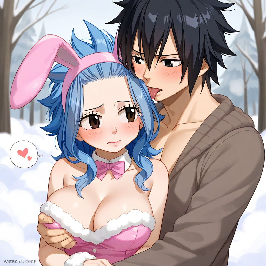 1boy 1girls ai_generated black_hair blue_hair bunnysuit couple fairy_tail gray_fullbuster levy_mcgarden sensual