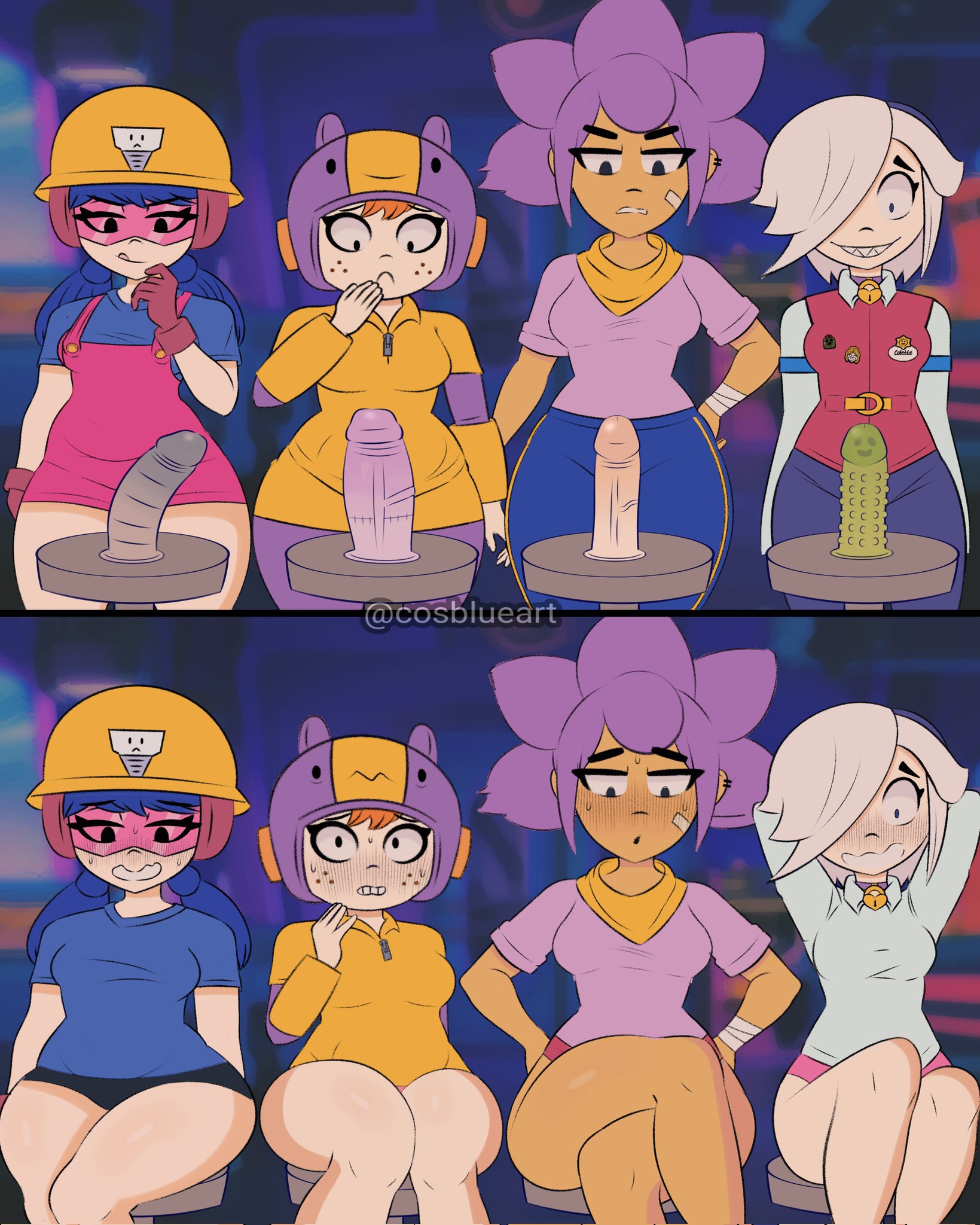 2d, 4girls, bea (brawl stars), blue hair, blush, brawl stars, colette (brawl stars), cosblueart, dildo, female, female only, mostly clothed, no pants, orange hair, panties, purple hair, shelly (brawl stars), supercell, thick thighs, tinted eyewear, white hair