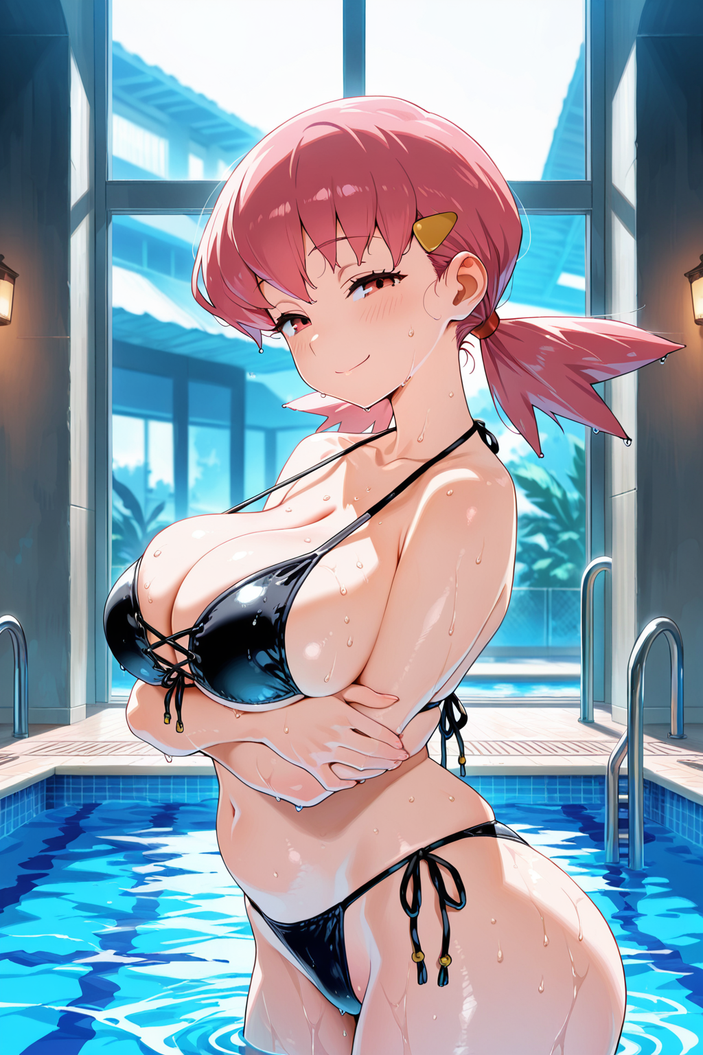 1girls ai_generated bikini breasts busty cleavage female gym_leader huge_breasts pink_eyes pink_hair pokemon pokemon_(game) pool solo swimming_pool thick twintails whitney_(pokemon)