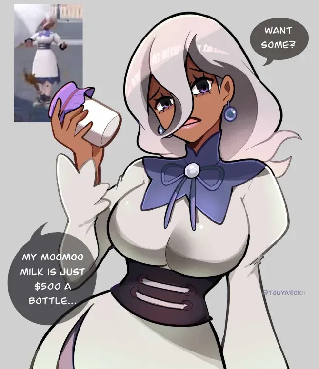 1girls, dark skin, dark-skinned female, dialogue, female, game freak, hex maniac, hex maniac (pokemon legends: z-a), looking at viewer, nintendo, occult maniac, occult maniac (pokemon legends: z-a), occult maniac (pokemon), occult maniac (z-a), pokemon, pokemon legends: z-a, race swap, shiny hex maniac, shiny occult maniac, speech bubble, tagme, text, touyarokii, white hair