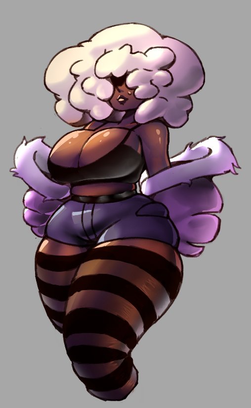 1girls, 2025, annette apricot, annettesugar, big breasts, bra, breasts, cleavage, covering eyes, curly hair, dark skin, dark-skinned female, female, female only, grey background, hair over eyes, hidden eyes, human, jacket off shoulders, open jacket, revealing clothes, shorts, striped clothing, tagme, thick thighs, thighhighs, thighs, voluptuous, voluptuous female, white hair, wide hips