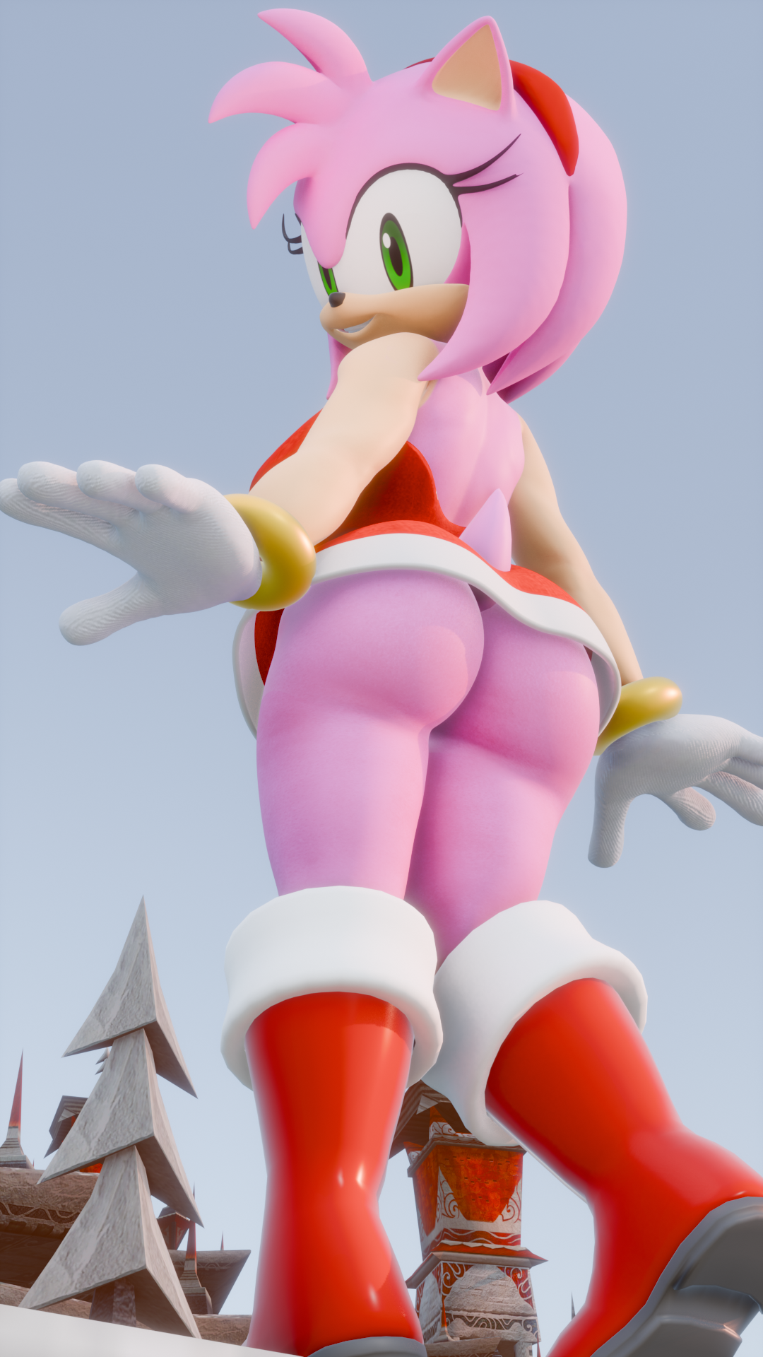 3d, 3d (artwork), amy rose, anthro, ass, back view, female, female anthro, female focus, female only, furry, furry female, green eyes, no panties, no underwear, pink body, pink fur, pink hair, pink skin, pink skinned female, presenting ass, seaside hill, solo, solo female, sonic (series), twintails3d