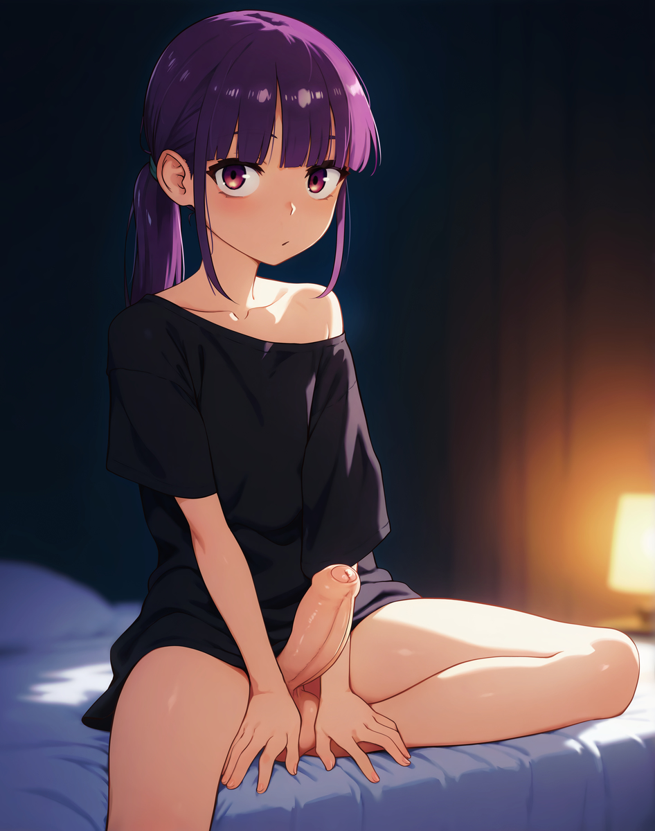 black_shirt closed_mouth collarbone erection female foreskin futanari highres indoors large_penis long_hair looking_at_viewer on_bed original penis phimosis ponytail precum purple_eyes purple_hair shirt sidelocks single_bare_shoulder single_off_shoulder sitting solo t-shirt testicles uncensored zoryc