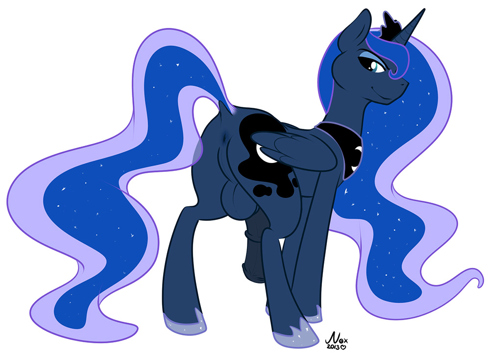 alicorn all_fours anus blue_eyes blue_hair closed_mouth color friendship_is_magic hair hooves horn looking_at_viewer looking_back male male_only my_little_pony noxheart nude open_eyes penis pony prince_artemis_(mlp) princess_luna_(mlp) rule_63 smile solo tail testicles white_background wings