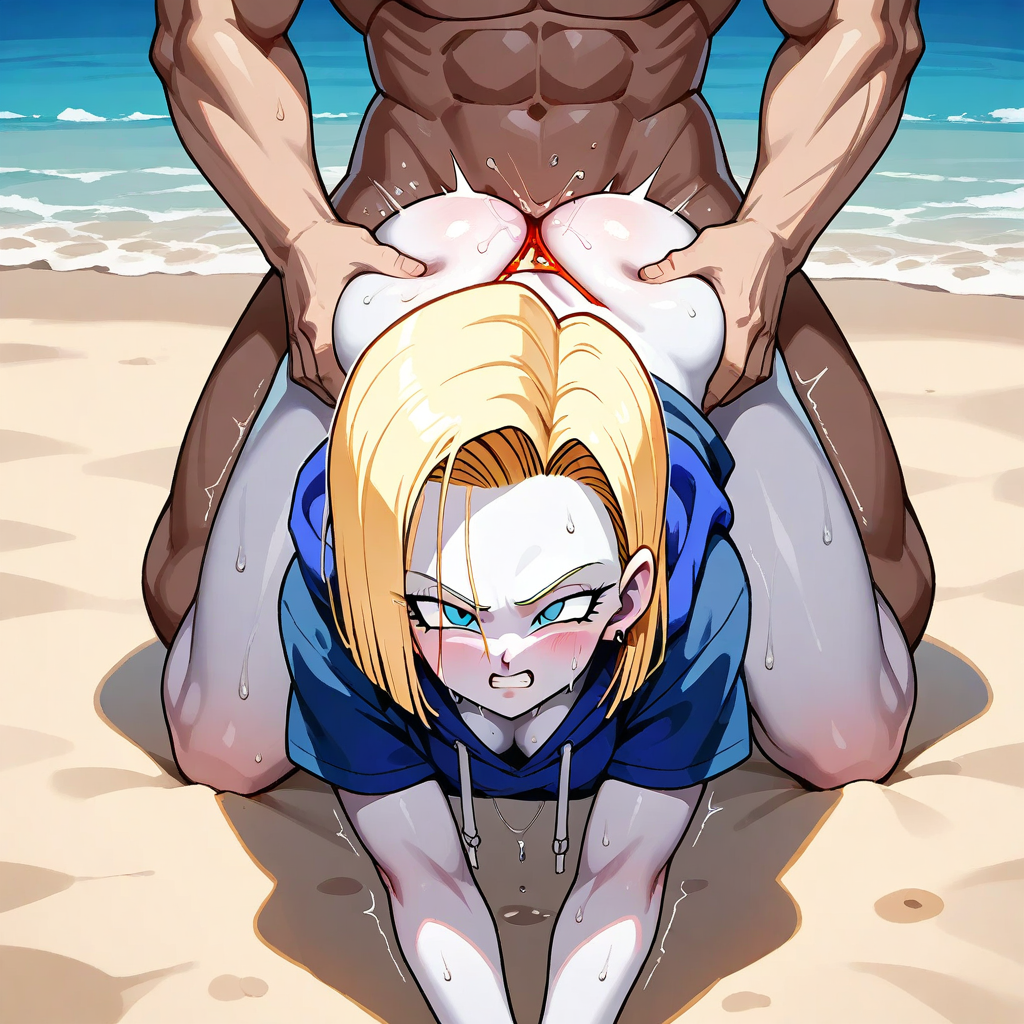 ai_generated android_18 beach bikini black_hair blonde_hair blue_eyes couple dragon_ball dragon_ball_super dragon_ball_z female ntr son_gohan toned toned_female