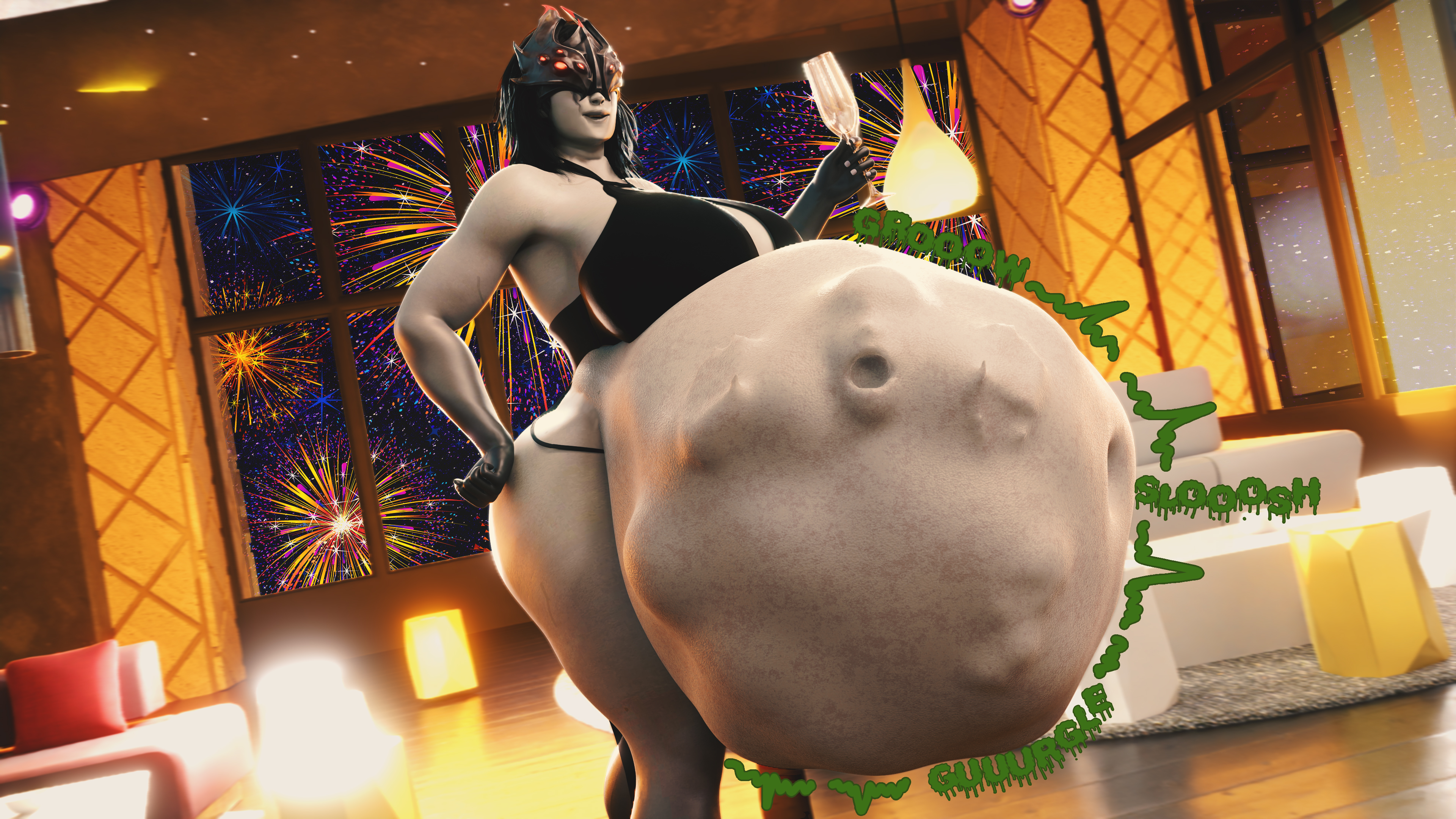 1girls, 3d, ambiguous prey, arachne (fortnite), ass, big ass, black bikini, digestion, fatal vore, female, fortnite, fortnite: battle royale, grey skin, grey-skinned female, prey imprint, smiling, stomach bulge, stomach noises, unwilling prey, vore, zelzes