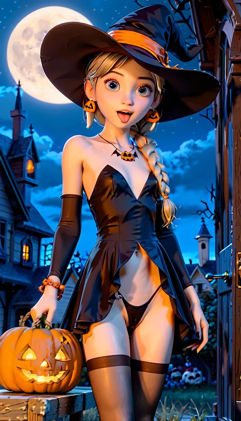 ai_generated black_legwear black_panties black_thong blonde_female blonde_hair blue_eyes boots braid halloween halloween_costume house legs legwear night night_sky open_mouth original_character panties pose posing pumpkin skinny skinny_girl spooky stockings student_susie terror139 thighs tongue tongue_out white_skin witch_costume witch_hat