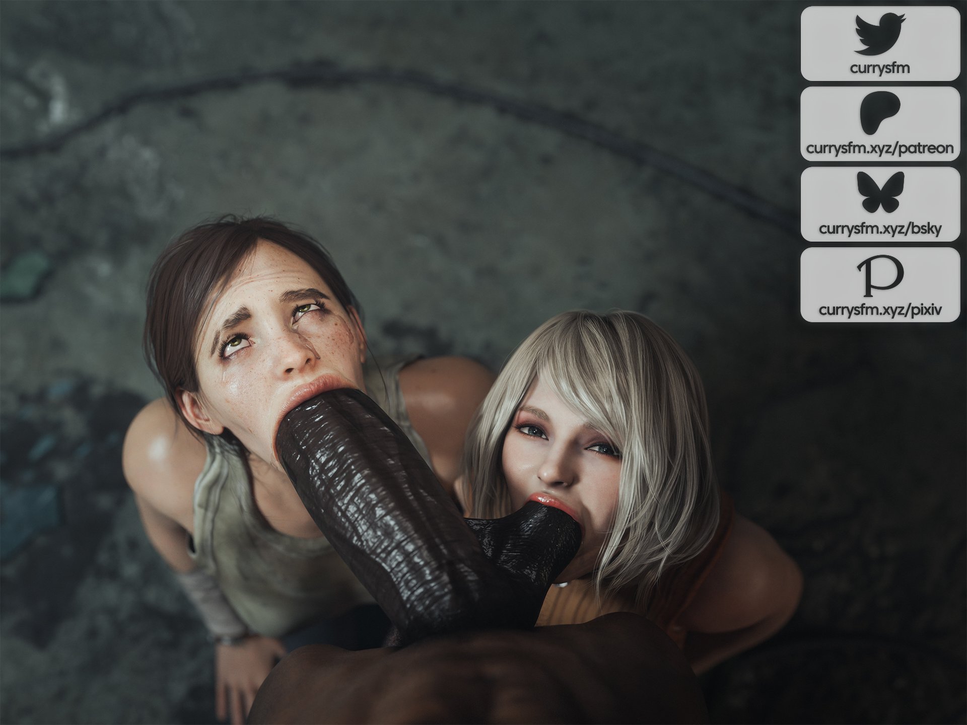 :>=, 1boy, 2girls, 3d, absurdly large cock, ashley graham, ashley graham (ella freya), ball sucking, big penis, biohazard, blonde female, blonde hair, blowjob, blowjob face, brown eyes, brown hair, capcom, cfnm, clothed female, clothed female nude male, cock, cock hungry, completely nude, crossover, currysfm, dark skin, dark-skinned male, deepthroat, eastern and western character, ellie (the last of us), ellie williams, eyes, eyeshadow, female, ffm threesome, group, huge cock, interracial, light skin, light-skinned female, looking at penis, male, male pov, multiple girls, naughty dog, nude, nude male, open mouth, penis, pov, resident evil, resident evil 4, resident evil 4 remake, shocked, the last of us, the last of us 2, threesome, trio, watermark