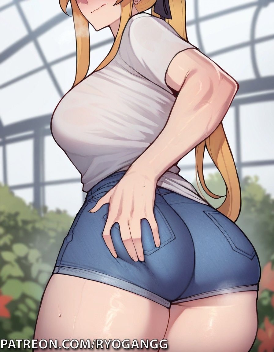 1girls 2d ai_generated ass ass_focus ass_grab blonde_female blonde_hair blonde_hair_female female green_eyes hotpants joko44 long_hair original original_character ponytail ryogangg sarah