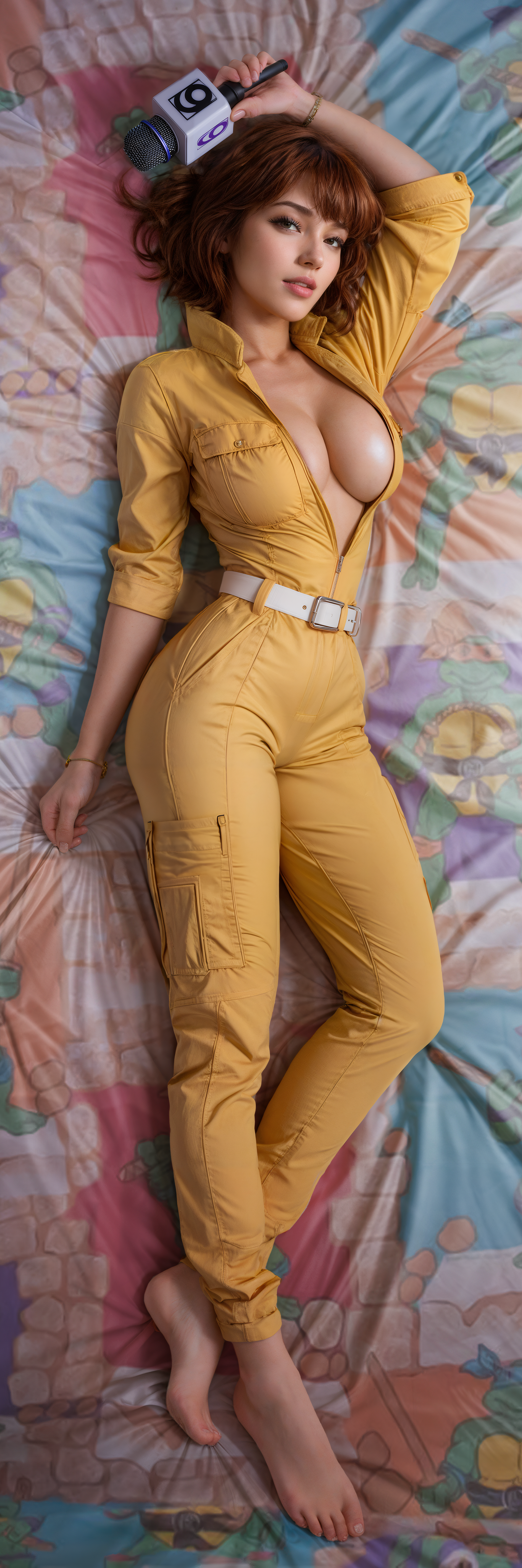 ai assisted, ai generated, april o'neil, april o'neil (tmnt 1987), bedroom eyes, breasts, cleavage, dakimakura, dakimakura design, female, imminent sex, large breasts, laying down, laying on back, laying on bed, open jumpsuit, seductive look, teenage mutant ninja turtles, tmnt 1987, yellow jumpsuit