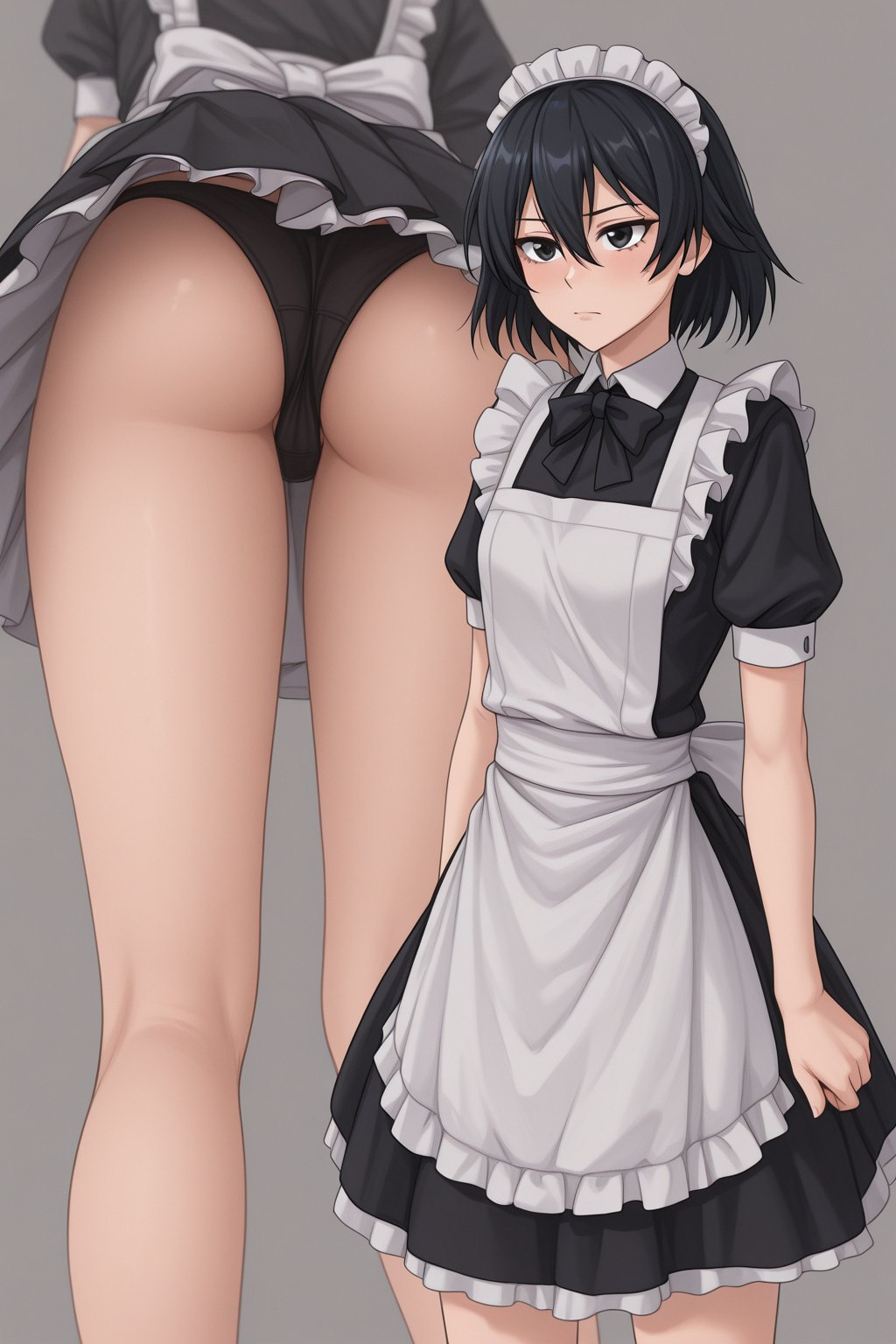 ai_generated akame_ga_kill! ass ass_focus black_eyes black_hair black_panties female female_focus female_only kurome_(akame_ga_kill!) maid maid_headdress maid_outfit maid_uniform mtu_virus panties pantyshot short_hair small_breasts zelanell