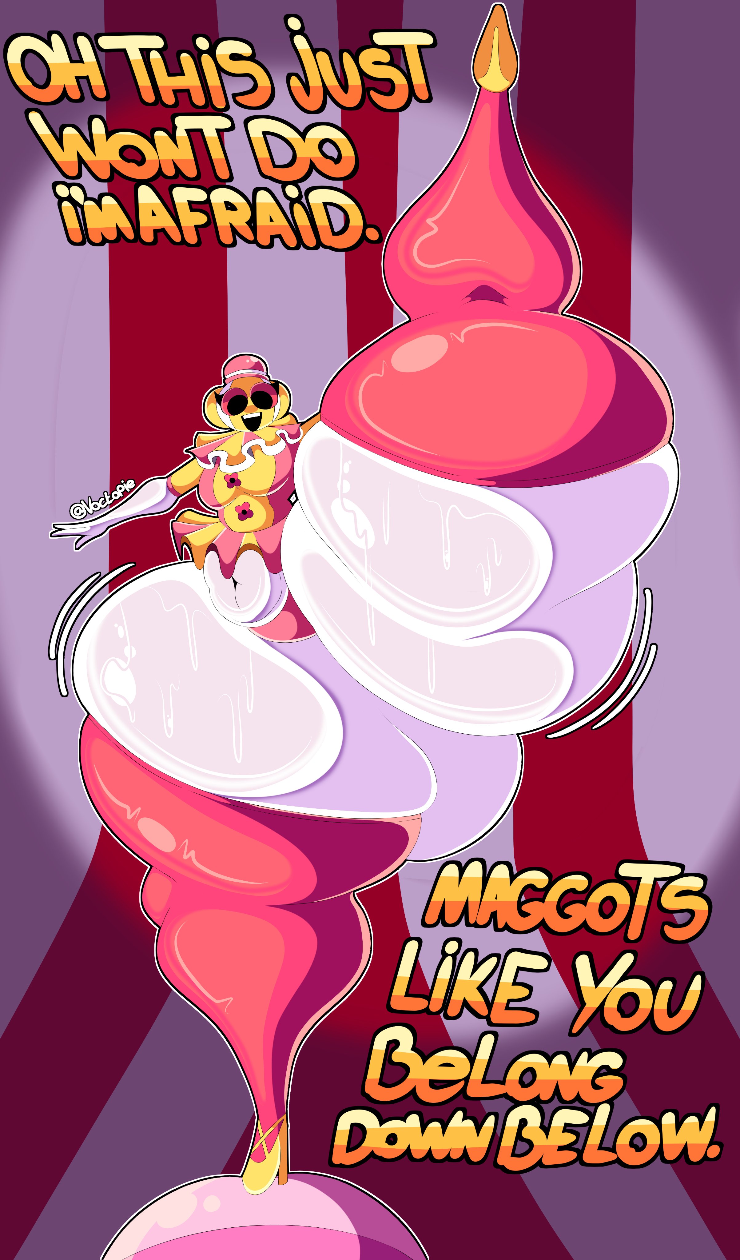 1girls, ass, belly button, big ass, big breasts, breasts, circus, clown girl, dialogue, endacopia, gigantic ass, heels, huge ass, hyper thighs, panties, solo, text, thick thighs, thighhighs, thighs, trapezist (endacopia), tummy, voctopie, watermark, wobbling ass