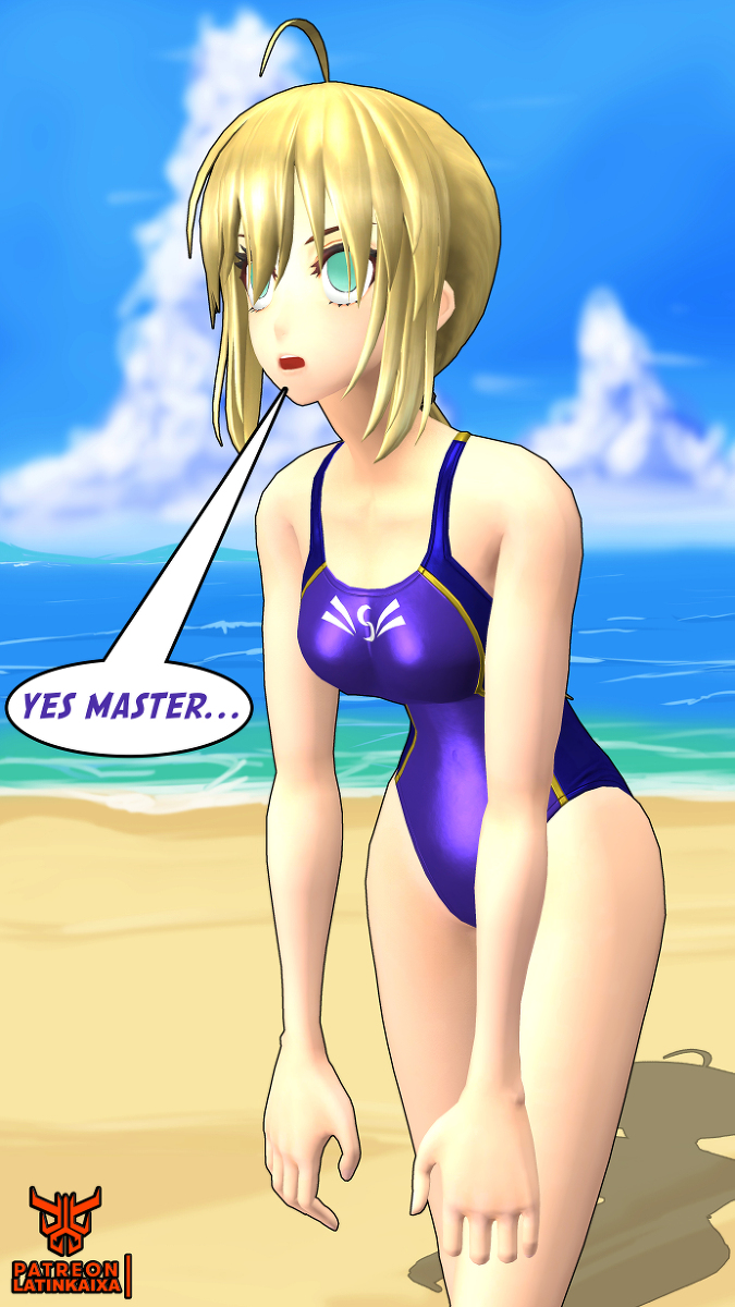 1girls 3d artist_logo artist_name artoria_pendragon blonde_hair blue_one-piece_swimsuit empty_eyes english_text fate/stay_night fate_(series) koikatsu latinkaixa mind_control one-piece_swimsuit speech_bubble swimsuit