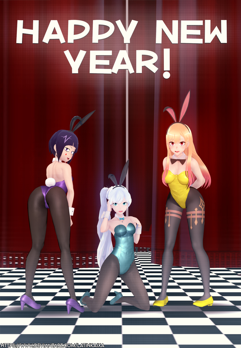 3d 3girls artist_name blonde_hair blue_leotard boku_no_hero_academia bunny_ears bunnysuit crossover english_text kitagawa_marin kyoka_jiro latinkaixa leotard my_hero_academia playboy_bunny purple_hair purple_leotard rwby sono_bisque_doll_wa_koi_wo_suru web_address weiss_schnee white_hair yellow_leotard