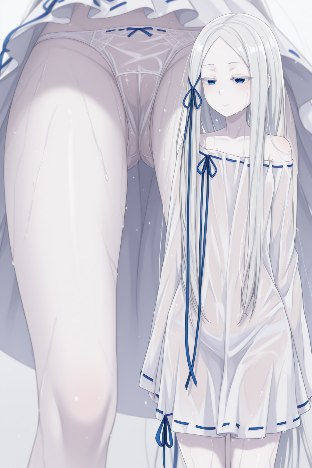 ai_generated blue_eyes female female female_only hair_ribbon mtu_virus pale_skin pandora_(re:zero) re:zero_kara_hajimeru_isekai_seikatsu small_breasts solo solo_focus standing wet_dress wet_panties wet_pussy white_dress white_eyelashes white_hair white_panties zelanell