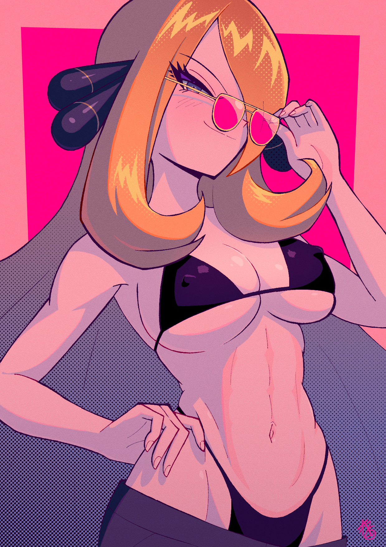 1girls, adjusting eyewear, bikini, black bikini, blonde hair, closed mouth, covered erect nipples, cynthia (pokemon), female, female only, frankgallaxx, game freak, hair ornament, hair over one eye, hand on own hip, highleg, highleg bikini, highres, long hair, looking over eyewear, looking over sunglasses, navel, nintendo, nipple bulge, pokemon, pokemon dppt, smile, solo, stomach, sunglasses, swimsuit, tinted eyewear, upper body, very long hair