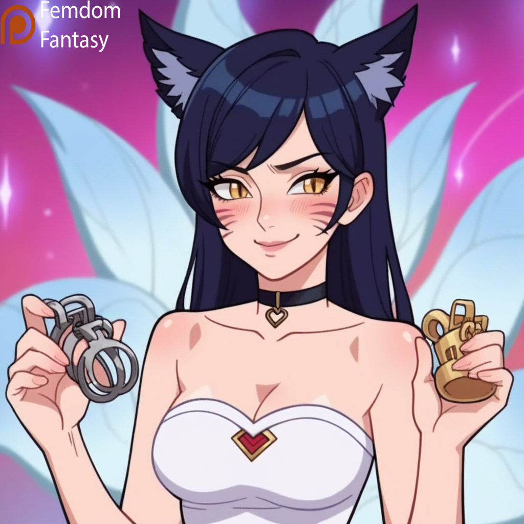 1girls ahri ai_generated another cage chastity choice cocky device dominant domination dominatrix female femdom femdomfantasyai fox_girl league_of_legends locked malesub offering only slave smile solo submissive_male to viewer