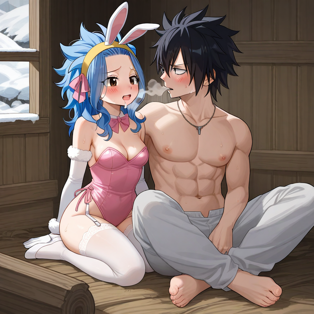 1boy 1girls ai_generated black_hair blue_hair bunnysuit couple fairy_tail gray_fullbuster levy_mcgarden