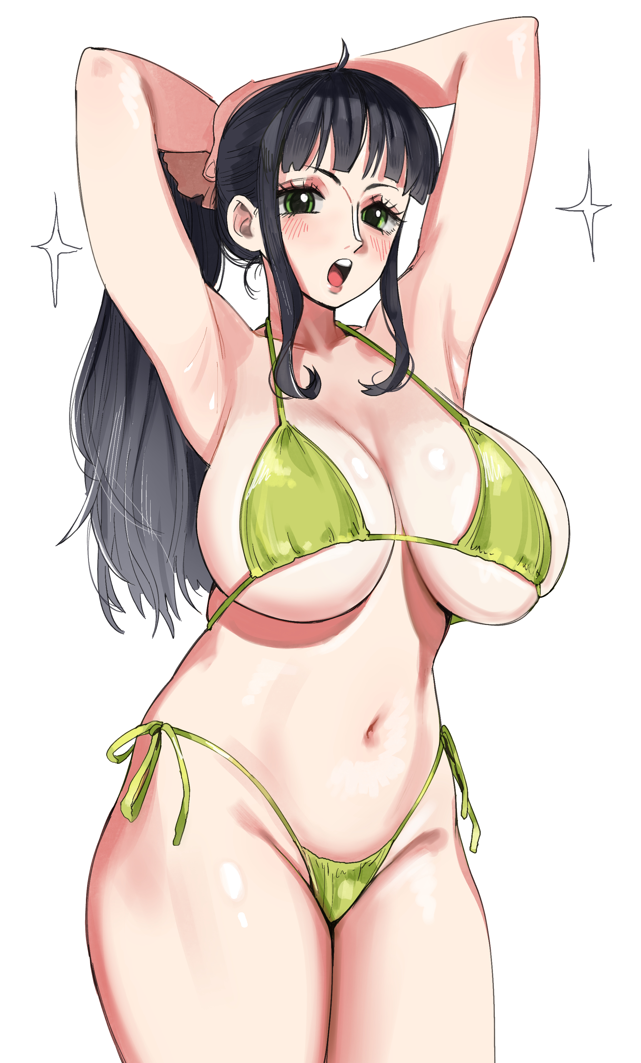 1girls, 2d, armpits, bangs, big breasts, bikini, black hair, black-haired female, blush, blushing at viewer, breasts, clothing, digital media, digital media (artwork), female, female focus, female only, green eyes, huge breasts, jerrydurd, large breasts, looking at viewer, nico robin, one piece, ponytail, post-timeskip, sideboob, thick, thick thighs, thighs, tying hair