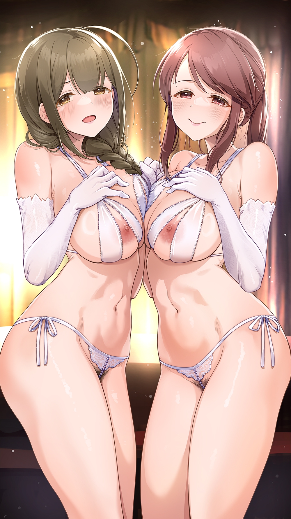 2girls ahoge blurry blurry_background blush bra braid breast_press breasts brown_eyes brown_hair character_request cleavage closed_mouth collarbone elbow_gloves female_pubic_hair gloves halterneck highres idolmaster idolmaster_shiny_colors kuwayama_chiyuki large_breasts long_hair looking_at_viewer mk_(mod0) multiple_girls navel open_mouth panties ponytail pubic_hair see-through_bra see-through_clothes side-tie_panties sidelocks single_braid underwear unzipped variant_set white_bra white_gloves white_panties