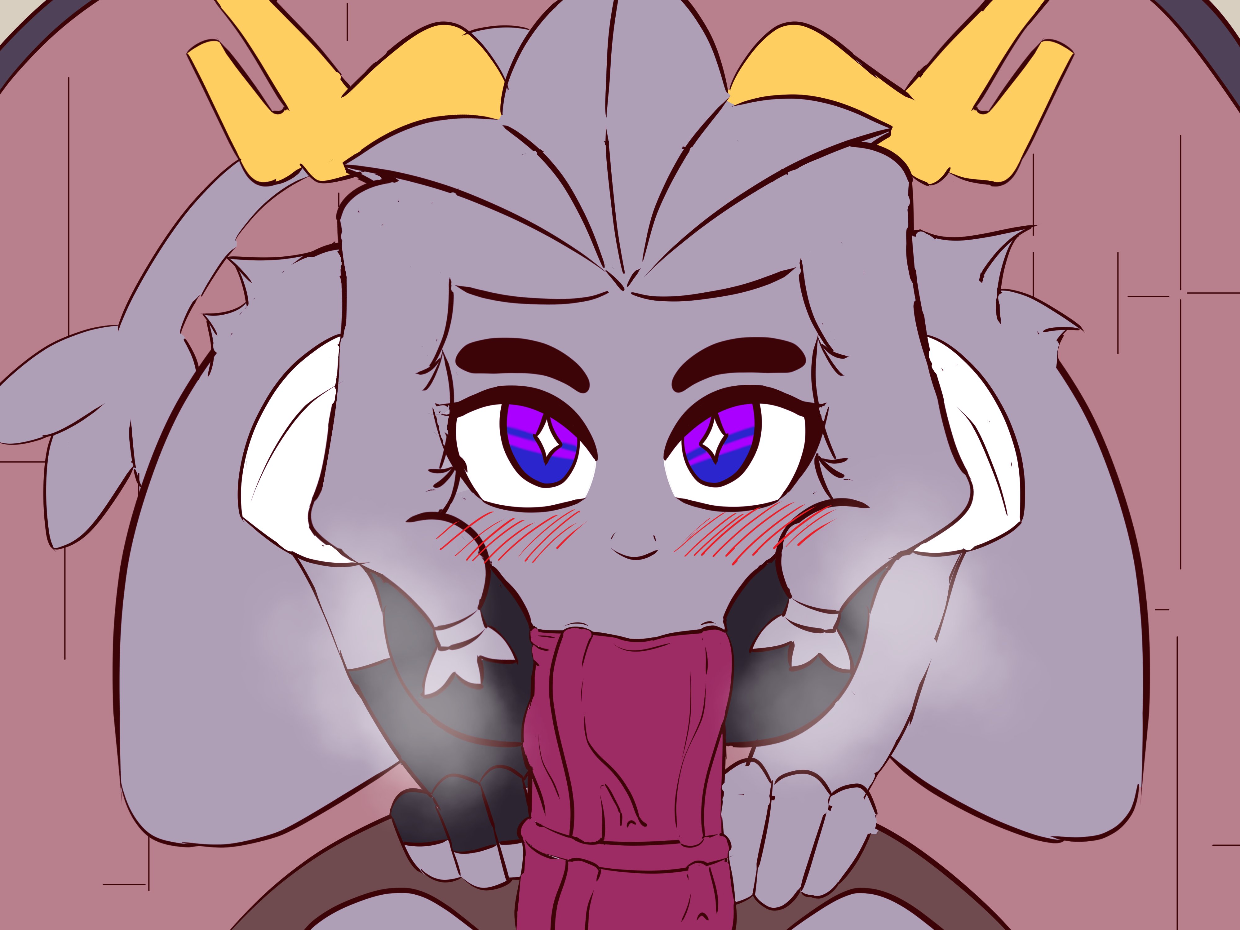 animal genitalia, anthro, antlers, blowjob, blue eyes, bottomless, butler (pseudoregalia), female, first person view, furry only, giver pov, hentaigoo, larger female, male, musk clouds, penis, pseudoregalia, smaller male, sucking penis, sybil (pseudoregalia), topwear