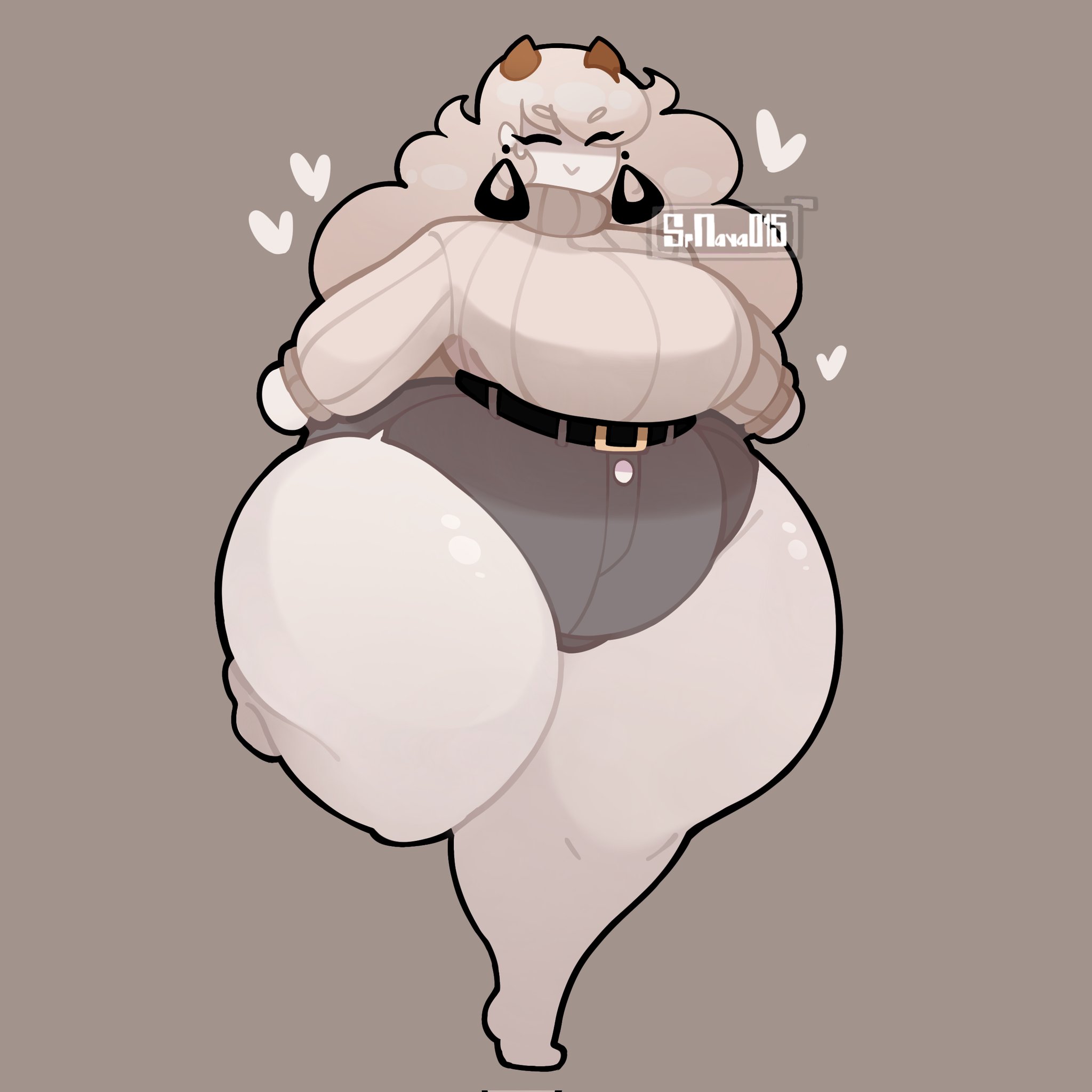 ass, belt, big breasts, breasts, cute, cute face, earrings, exposed thighs, fat ass, fat butt, fat thighs, female, horns, hourglass figure, huge thighs, kay (srnava), minishorts, short shorts, shorts, simple background, srnava, sweater, thick thighs, thighs