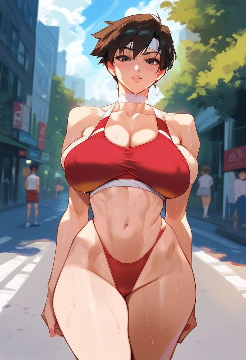 2d ai_generated bandana female female_focus female_only outdoors red_sports_bra sakura_kasugano short_hair solo solo_female solo_focus sports_bra street_fighter street_fighter_alpha tagme